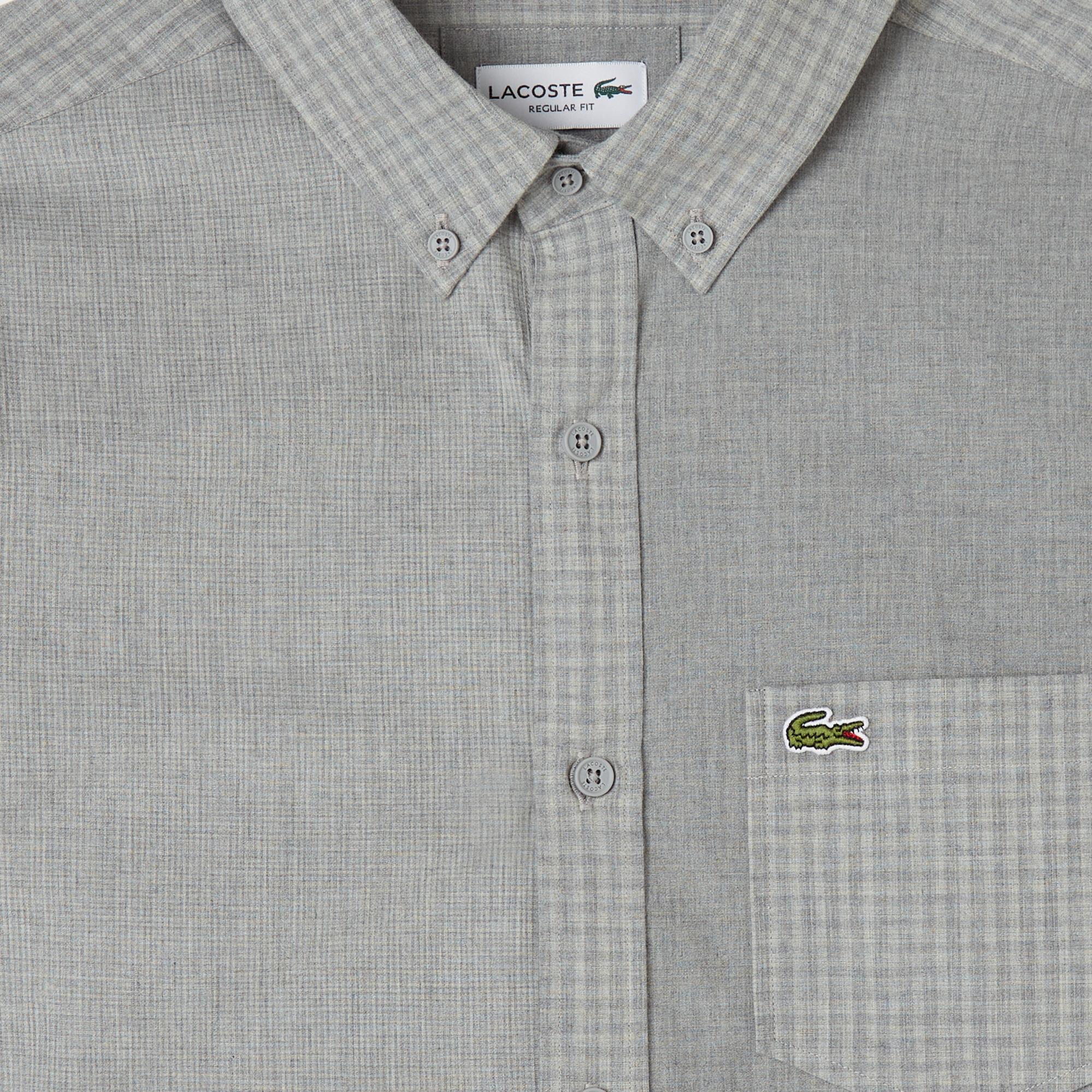 Lacoste Erkek Relaxed Fit Düğmeli Yaka Ekose Gri Gömlek