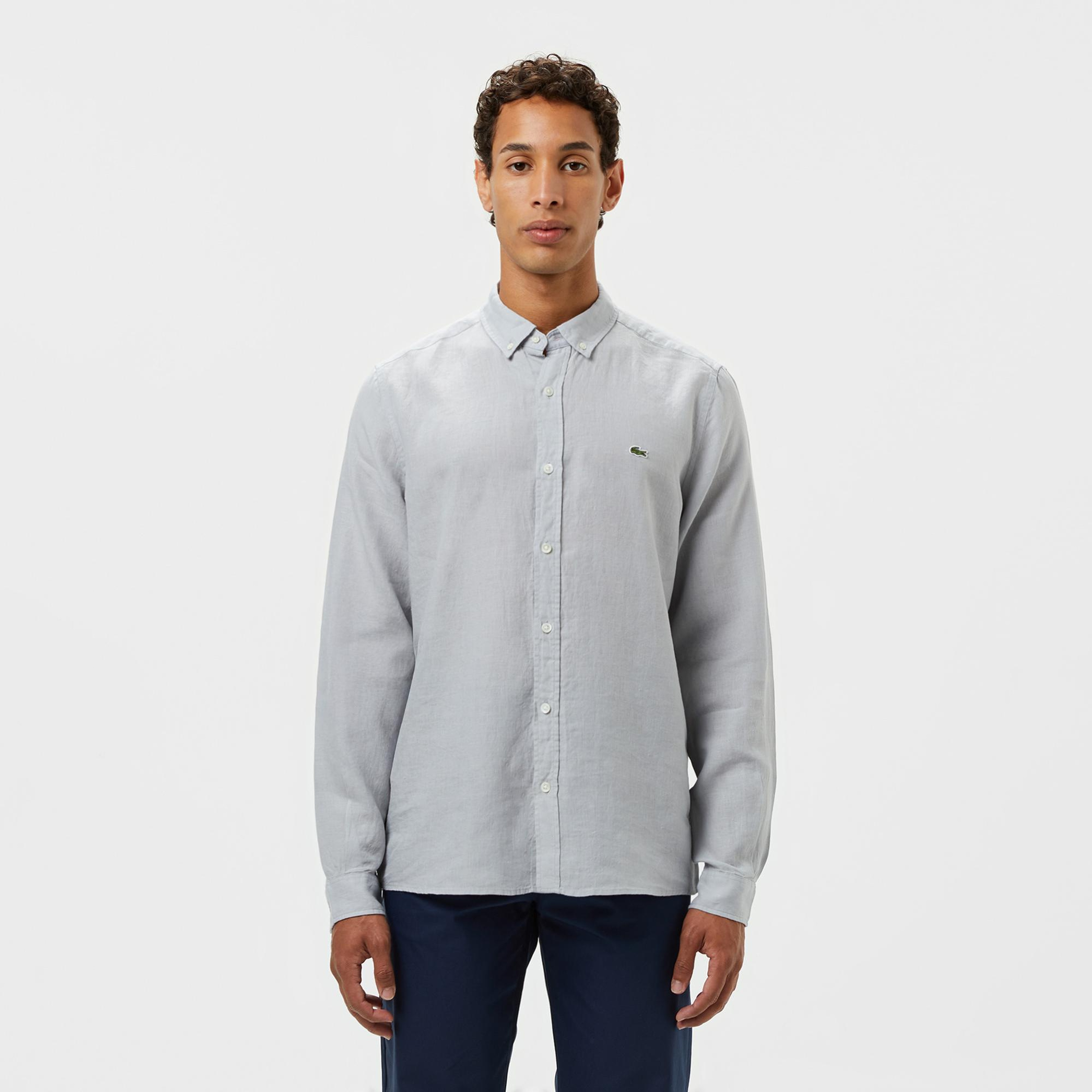 Lacoste Erkek Regular Fit Düğmeli Yaka Keten Gri Gömlek