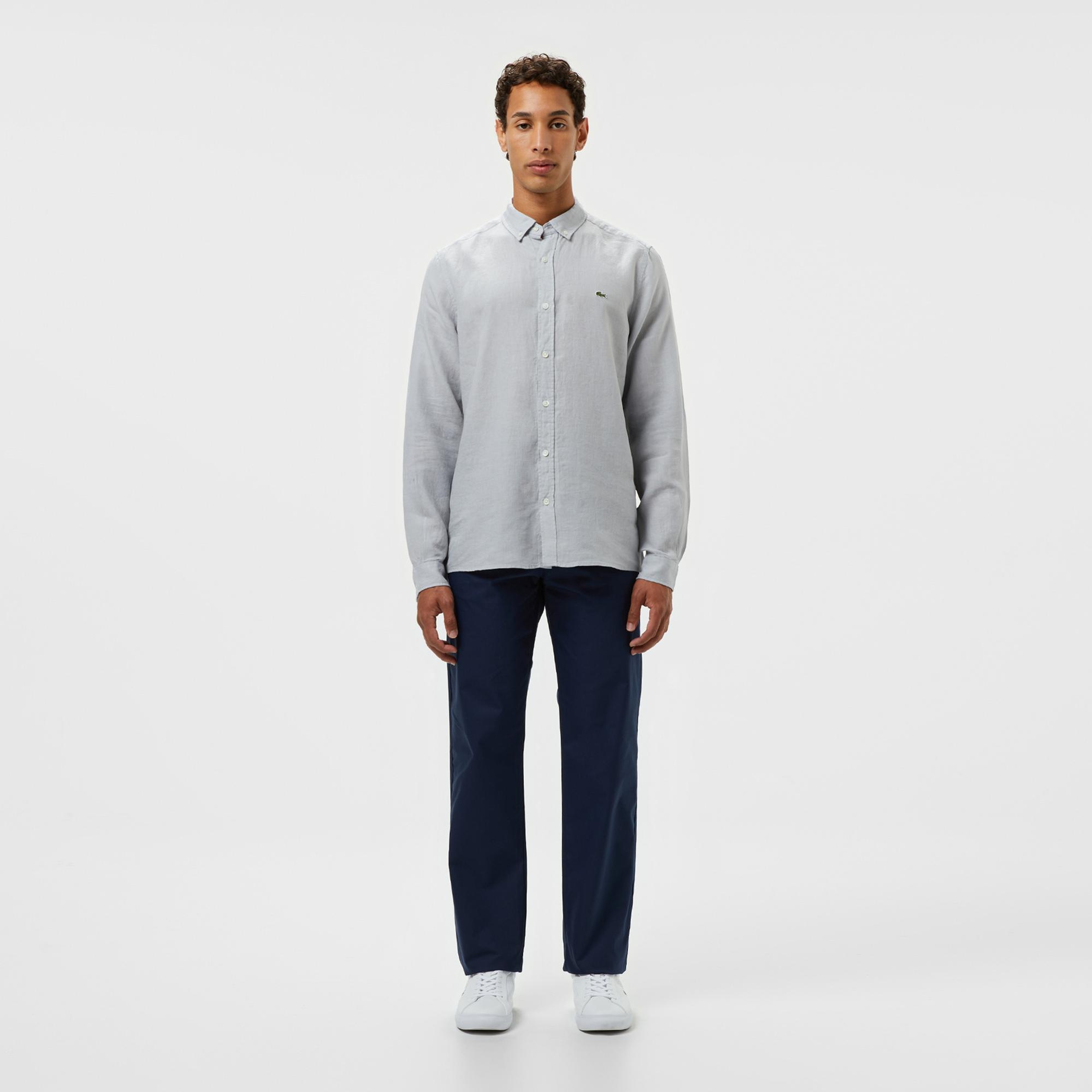 Lacoste Erkek Regular Fit Düğmeli Yaka Keten Gri Gömlek
