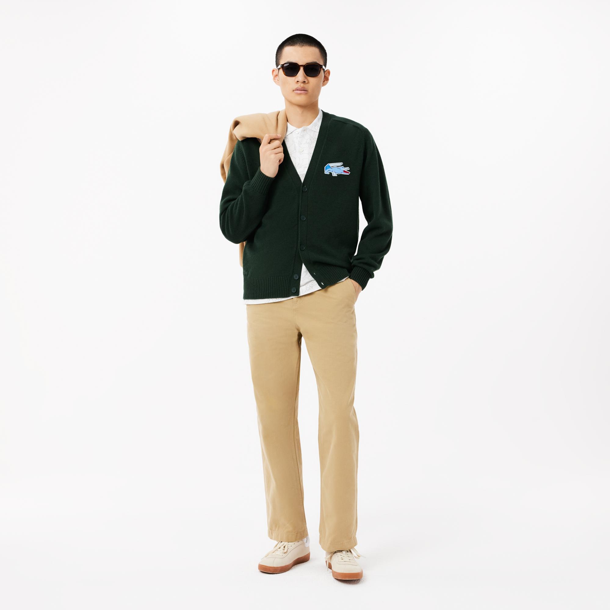 Lacoste Erkek Classic Fit V Yaka Yün Koyu Yeşil Hırka