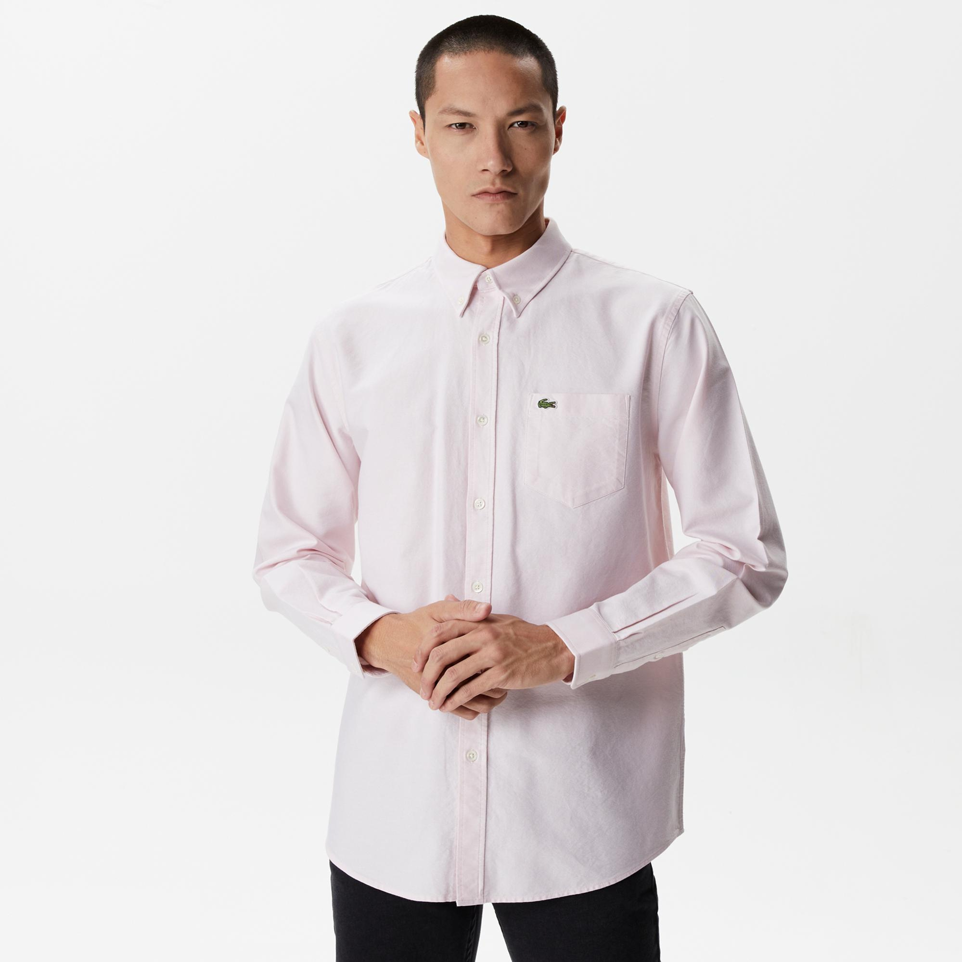 Erkek Regular Fit Düğmeli Yaka Pembe Gömlek