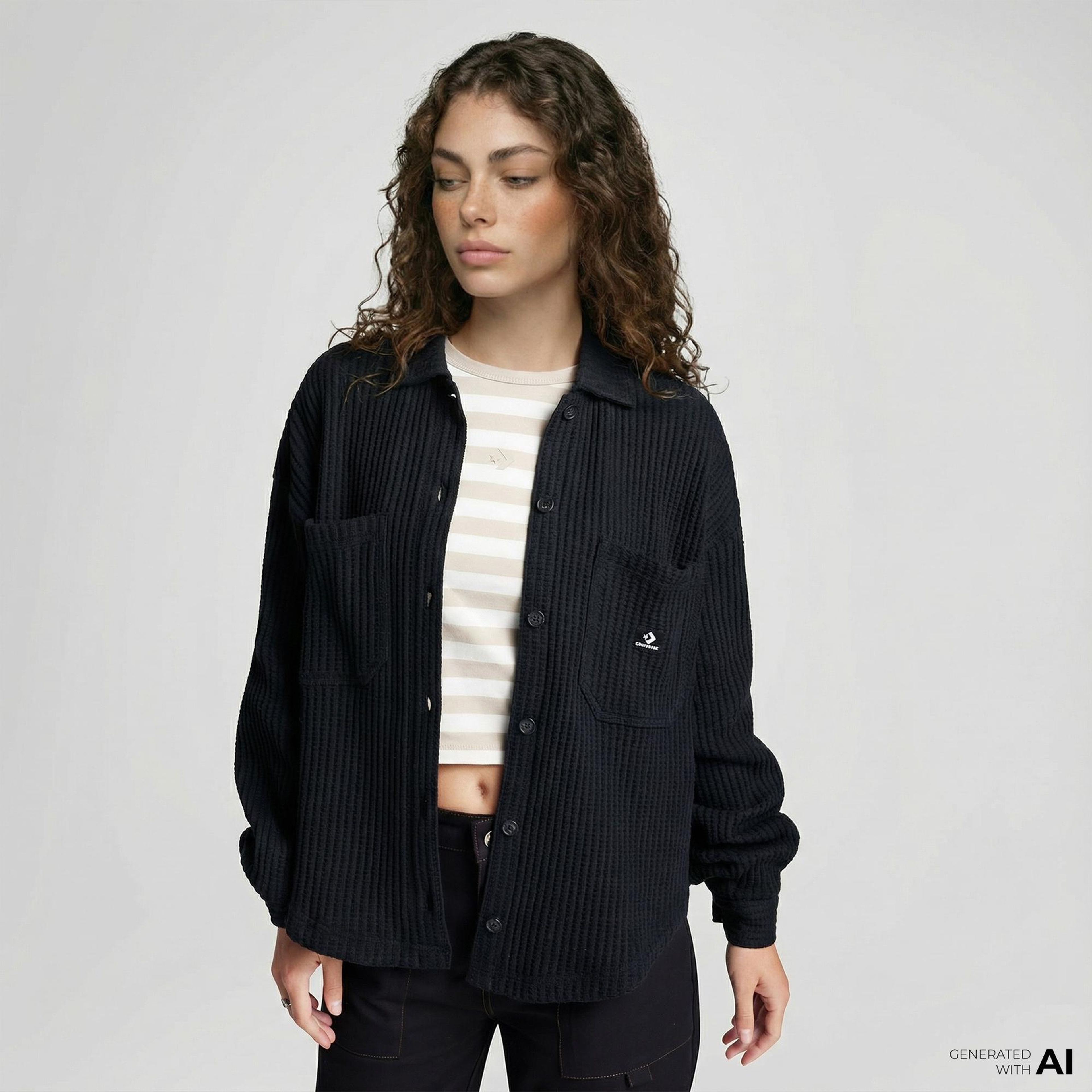 Converse Kadın Oversize Fit Siyah Gömlek