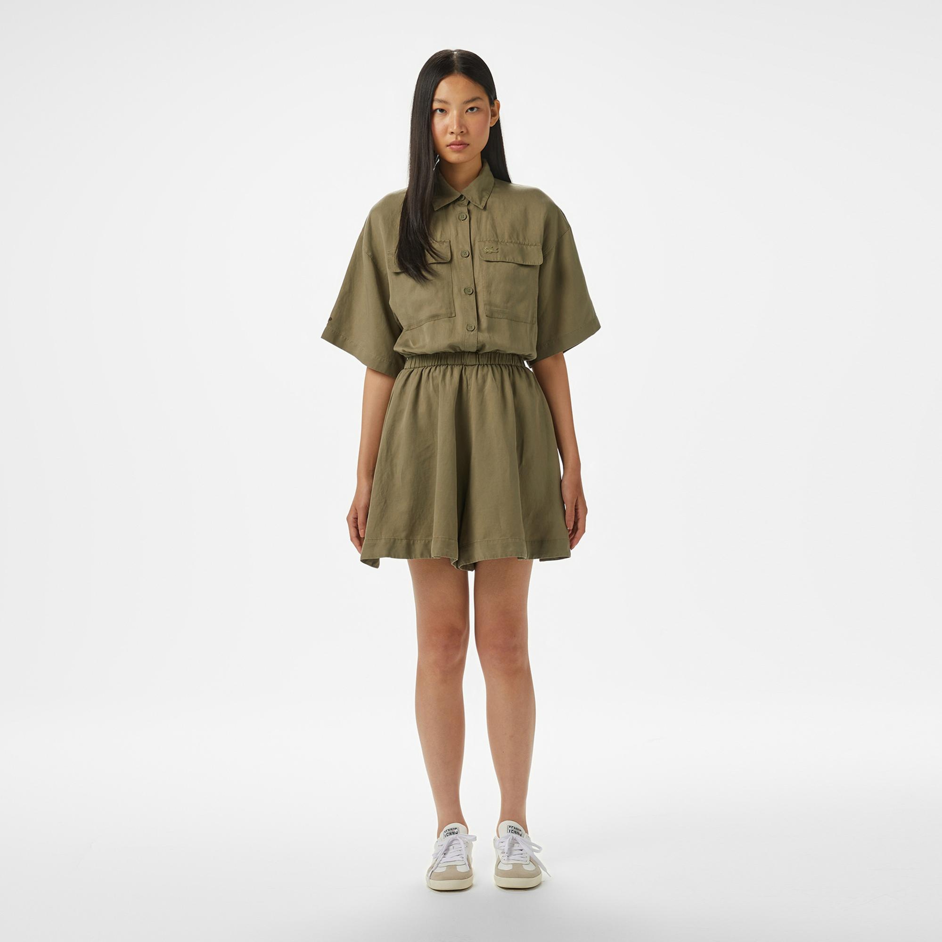 Lacoste Kadın Flare Fit Kısa Kollu Gömlek Yaka Haki Elbise