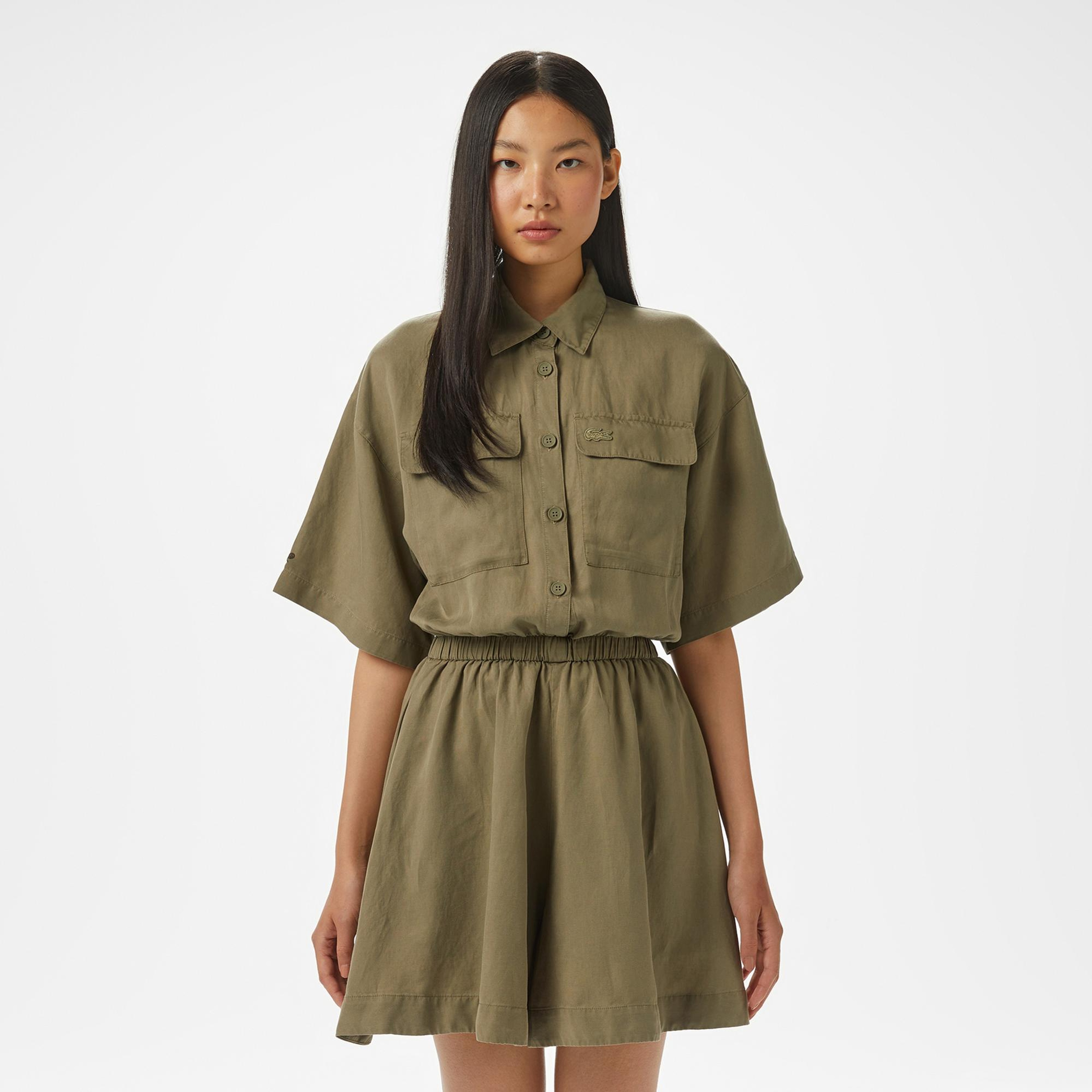 Lacoste Kadın Flare Fit Kısa Kollu Gömlek Yaka Haki Elbise