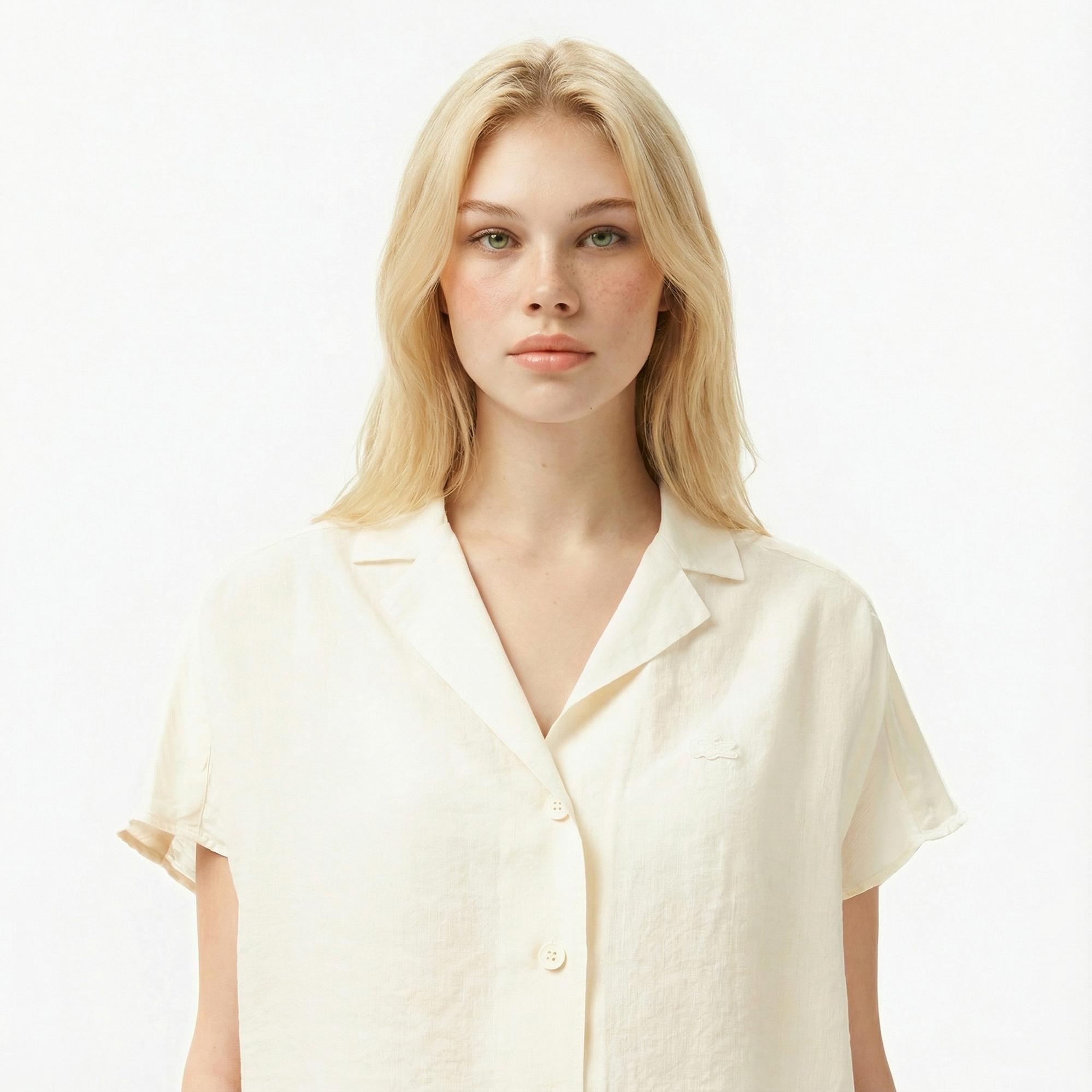 Lacoste Kadın Regular Fit Kısa Kollu Keten Beyaz Gömlek