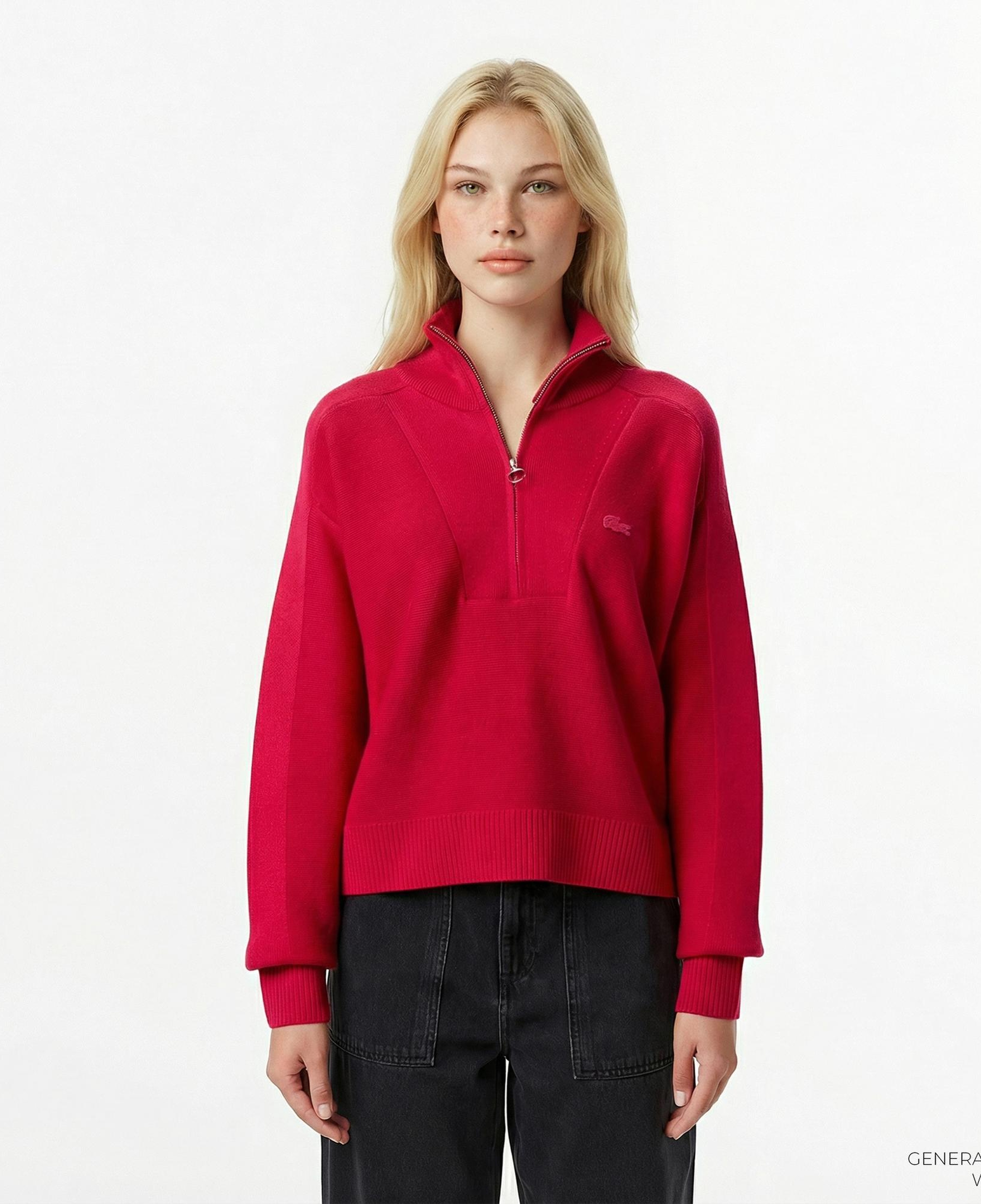 Lacoste Kadın Classic Fit Yarım Fermuarlı Kırmızı Kazak