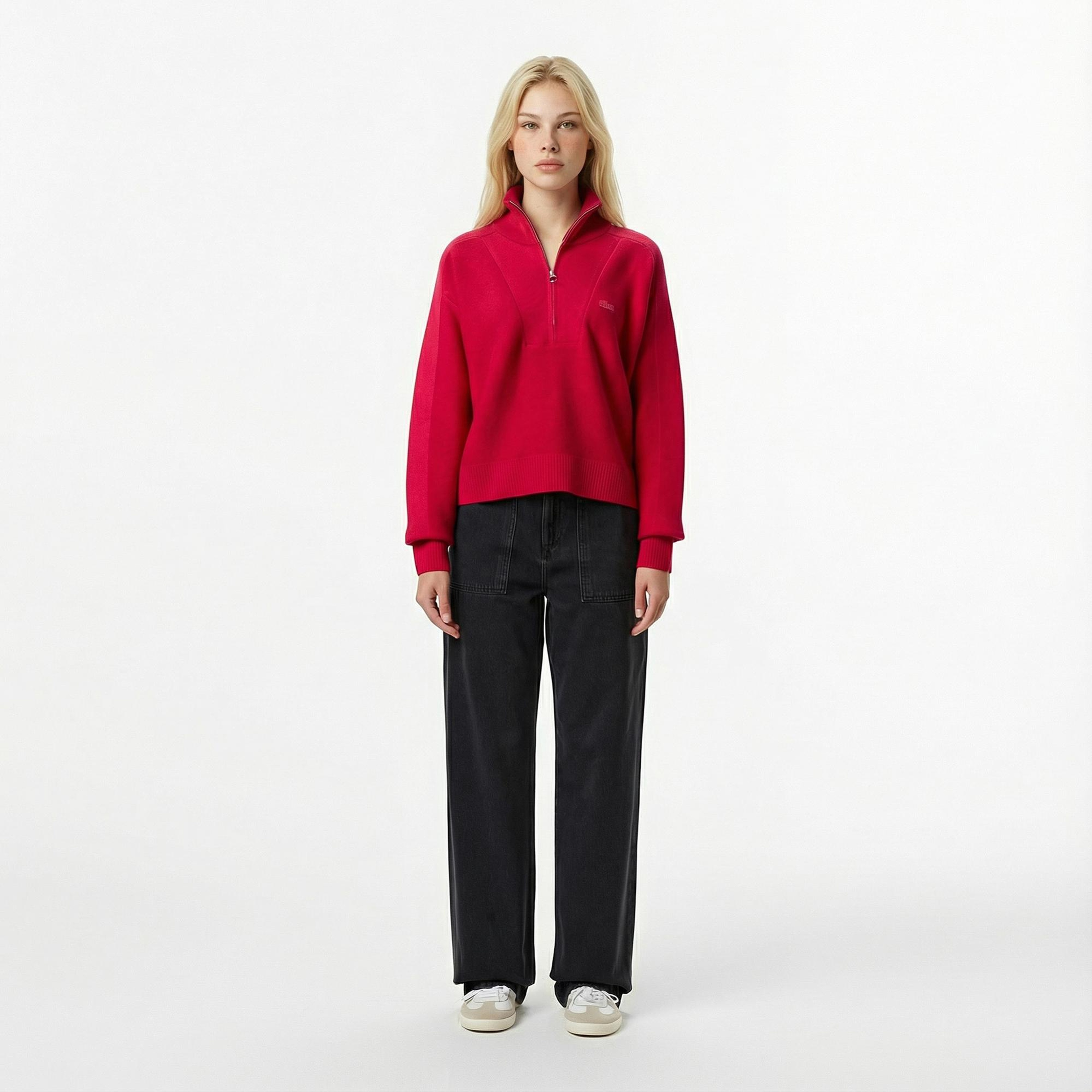 Lacoste Kadın Classic Fit Yarım Fermuarlı Kırmızı Kazak