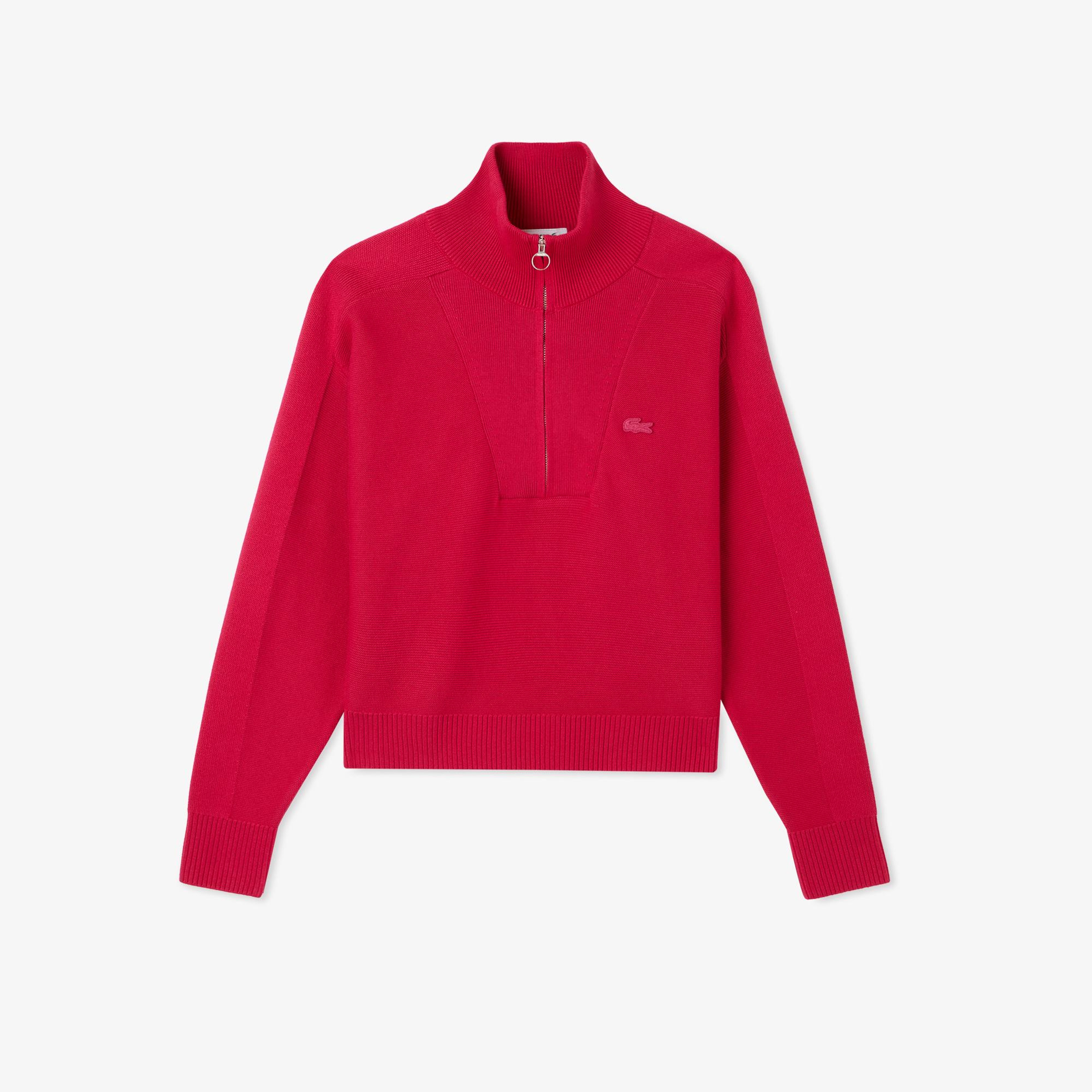 Lacoste Kadın Classic Fit Yarım Fermuarlı Kırmızı Kazak