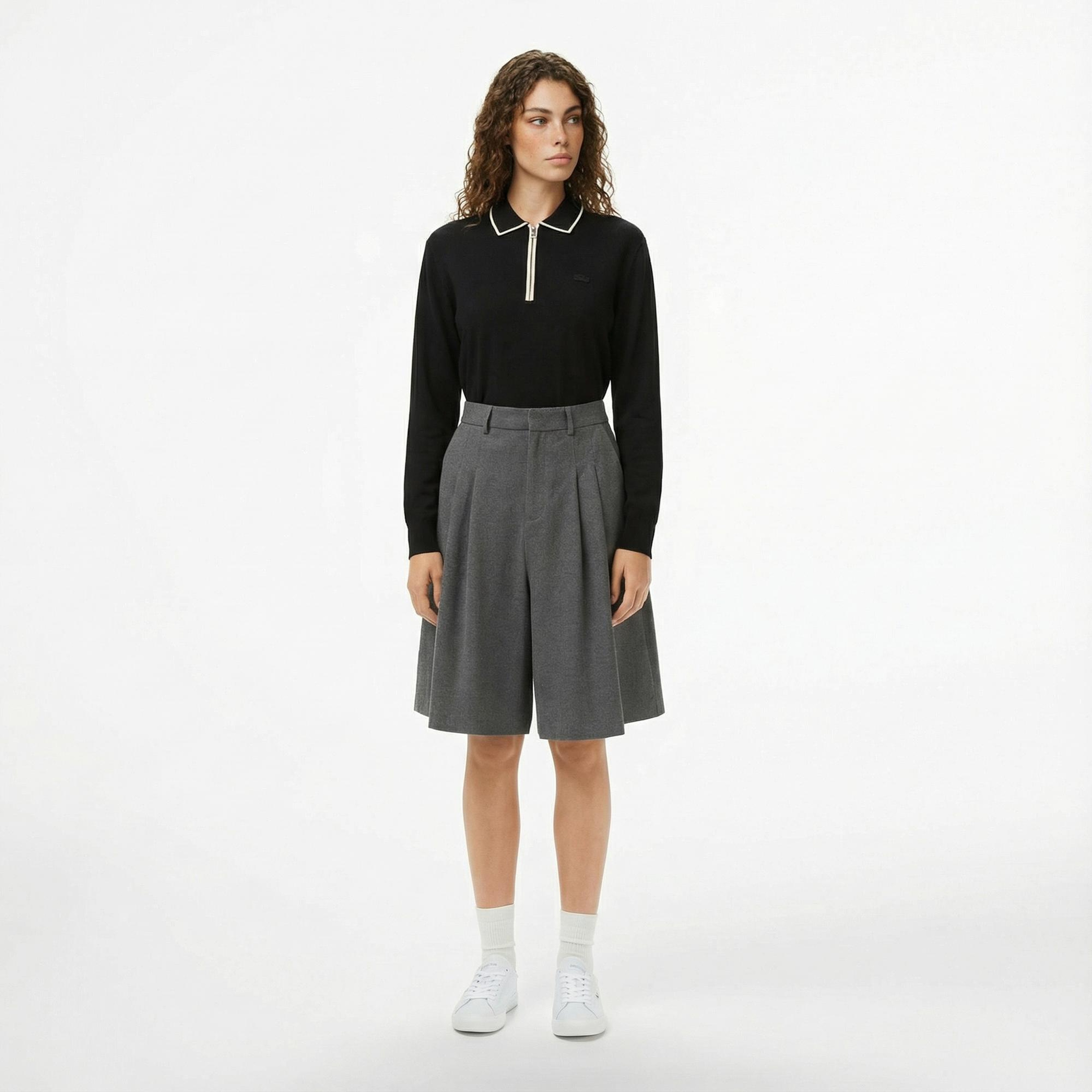 Lacoste Kadın Regular Fit Polo Yaka Siyah Kazak