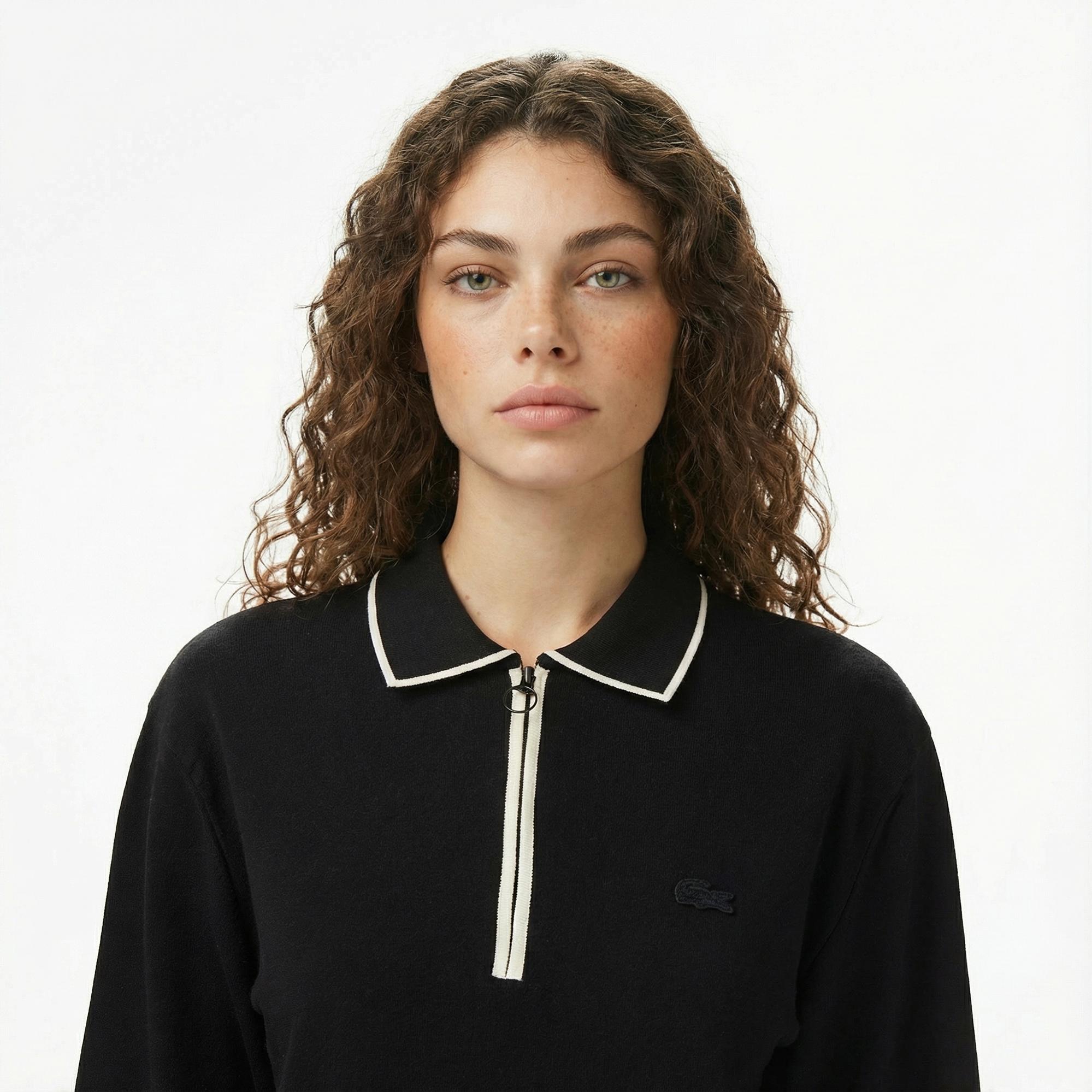 Lacoste Kadın Regular Fit Polo Yaka Siyah Kazak