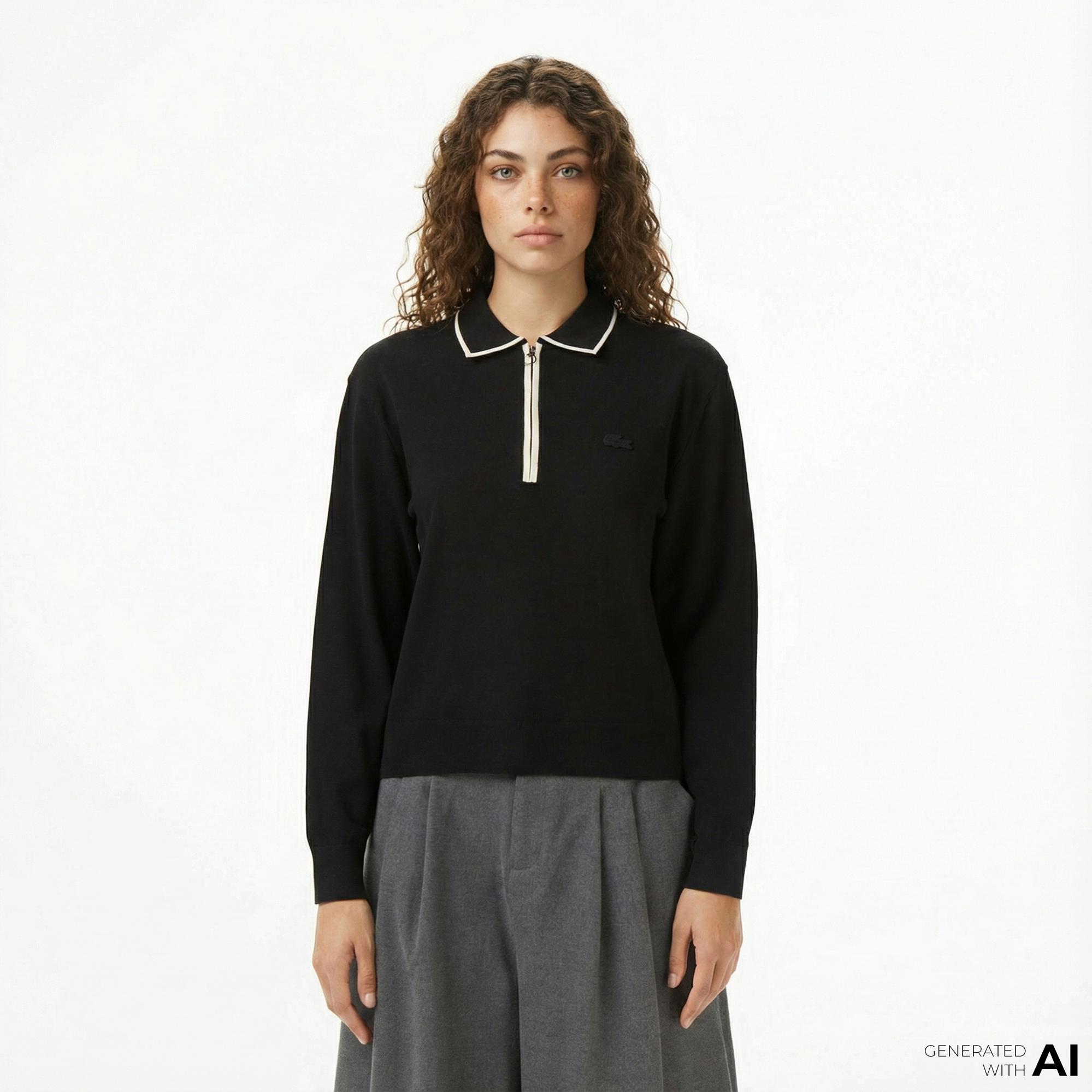 Lacoste Kadın Regular Fit Polo Yaka Siyah Kazak