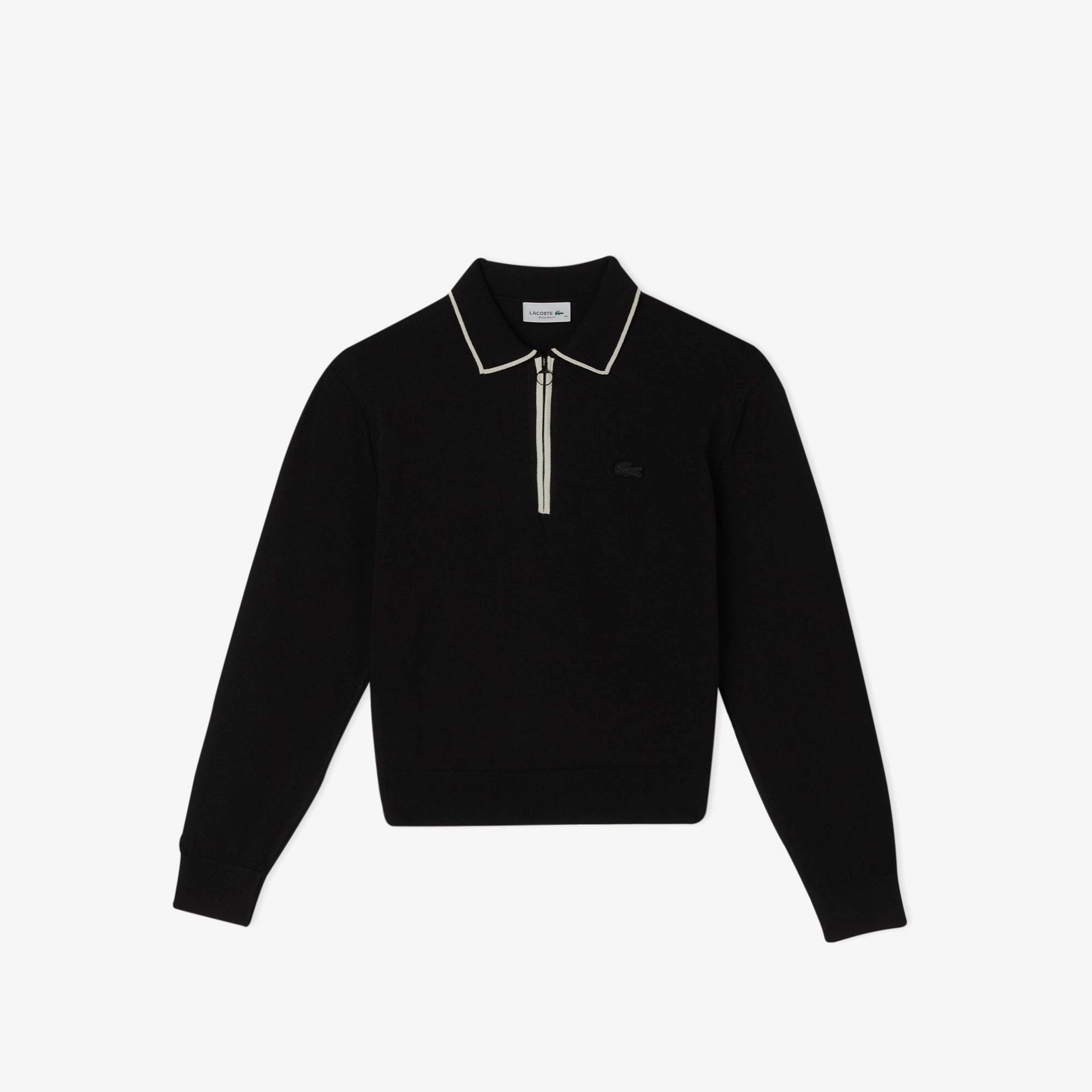 Lacoste Kadın Regular Fit Polo Yaka Siyah Kazak