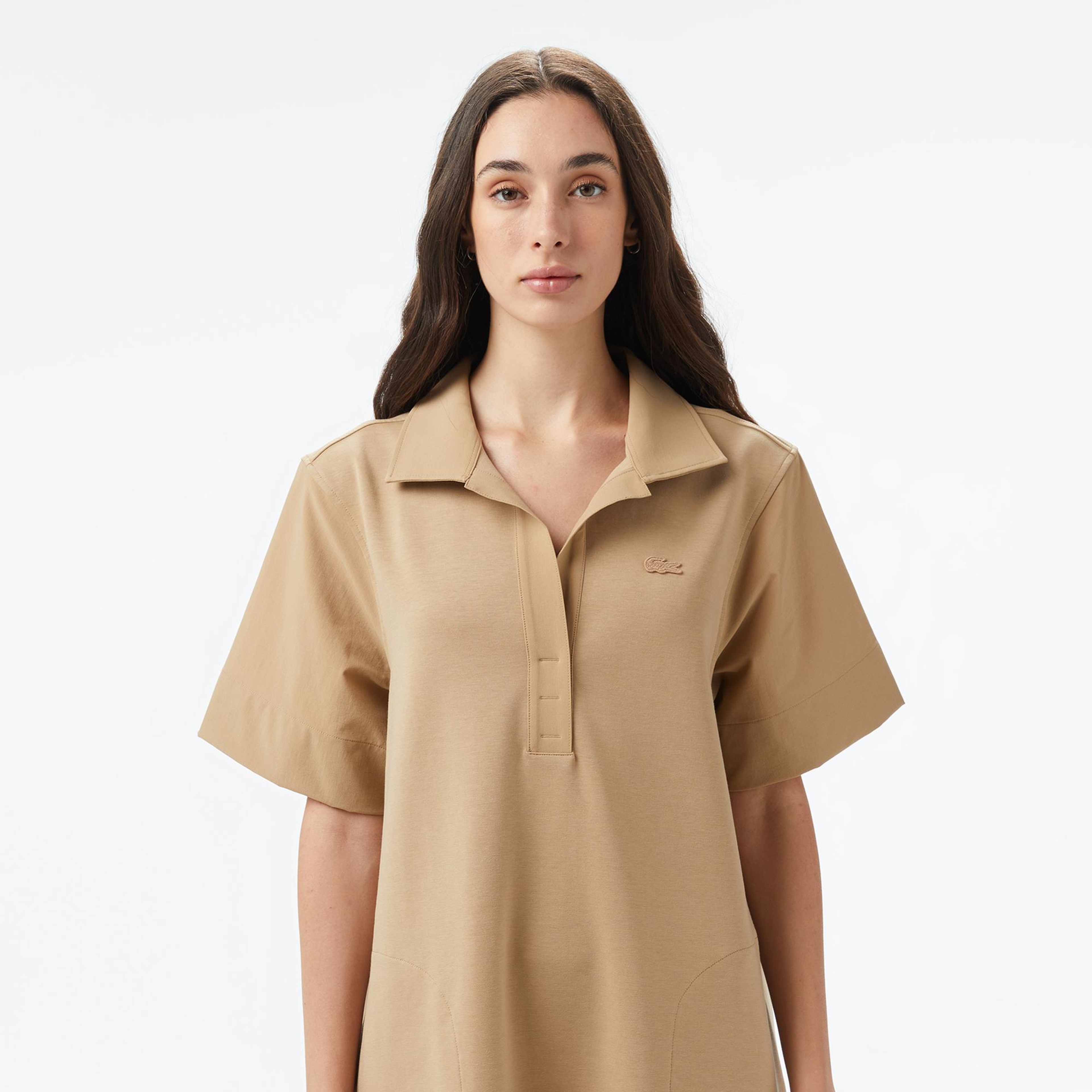 Lacoste Kadın Relaxed Fit Kısa Kollu Polo Yaka Bej Elbise