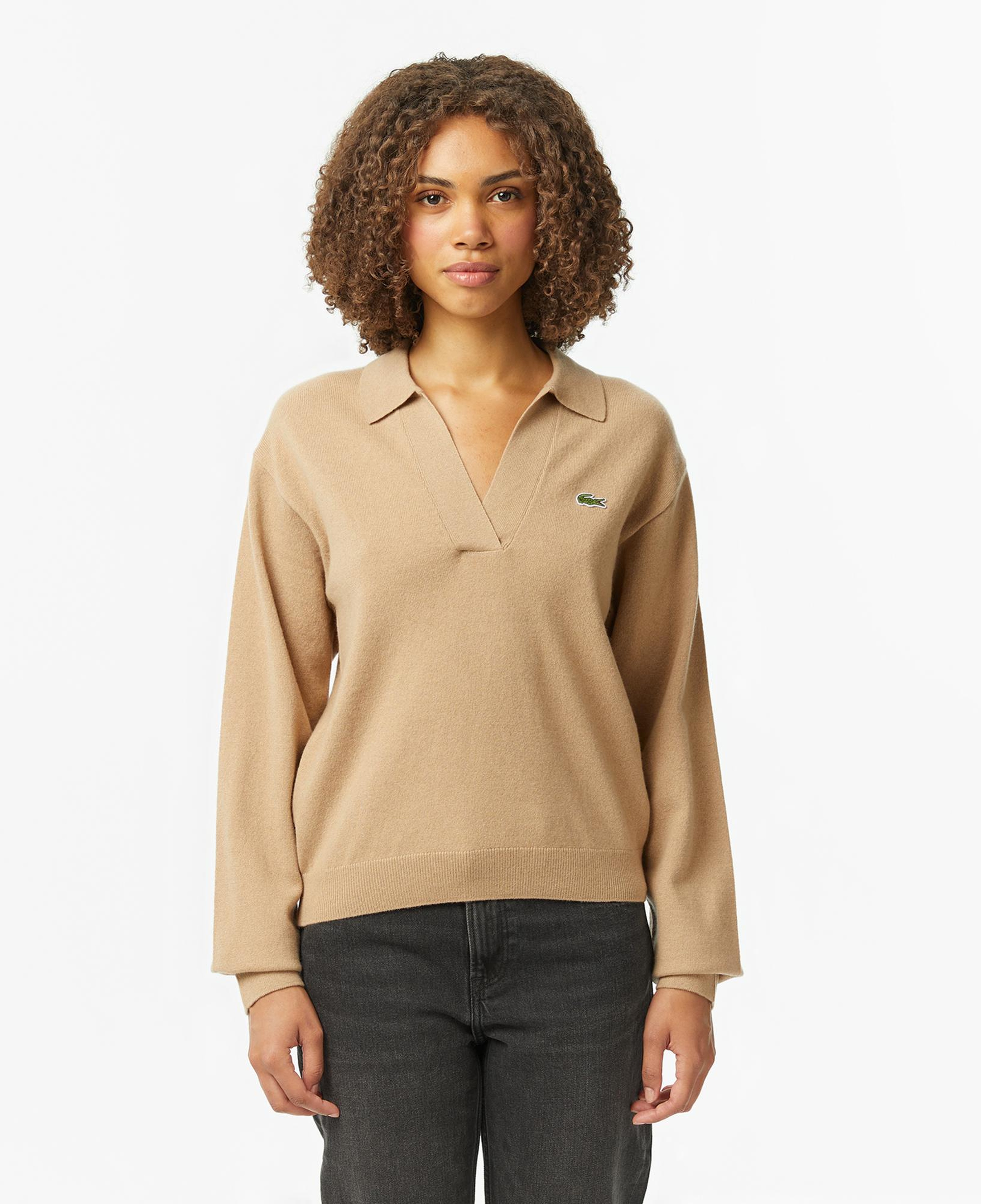 Lacoste Kadın Classic Fit Polo Yaka Bej Kazak