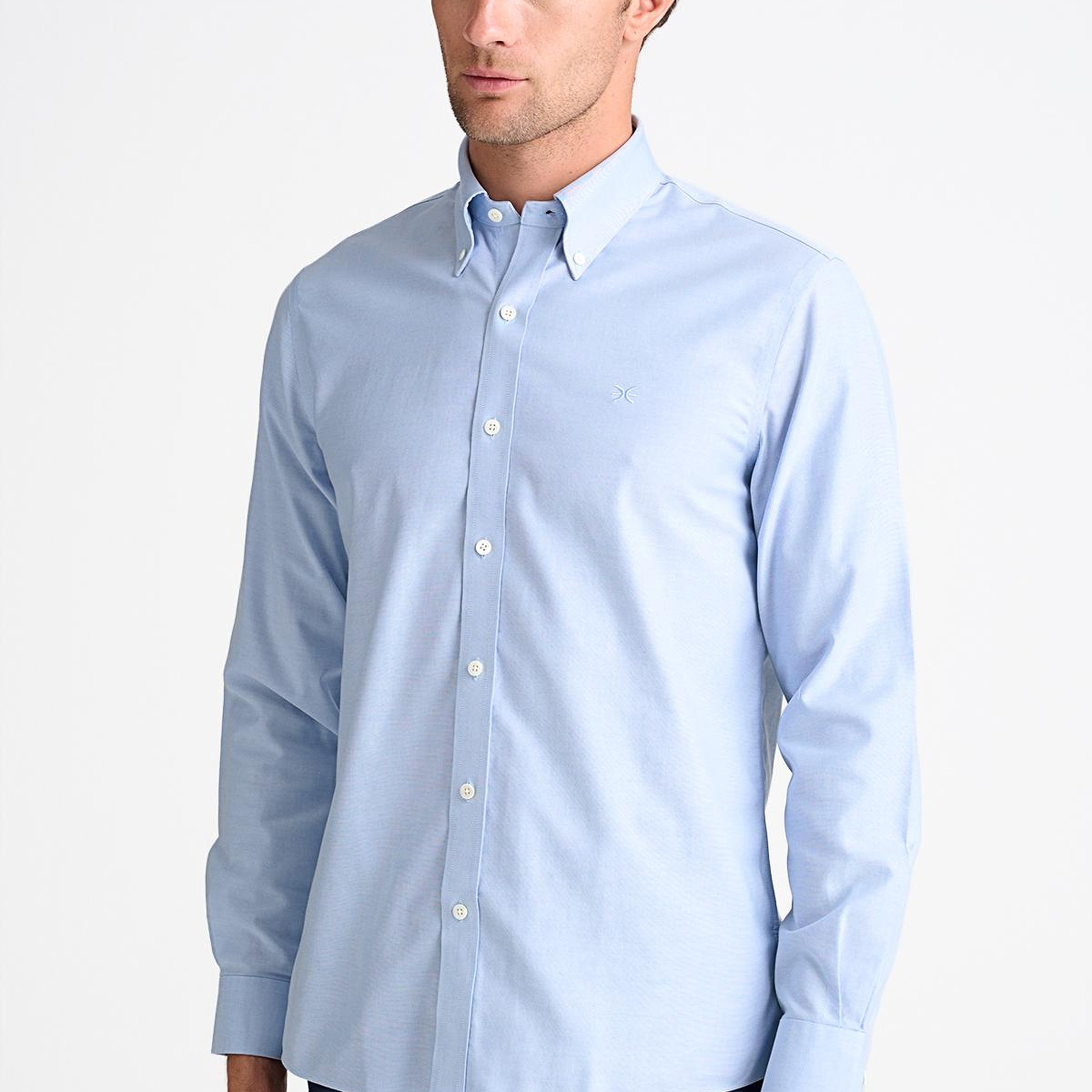 Erkek Mavi Cooper Fit Non-Iron Düğmeli Yaka Spor Gömlek