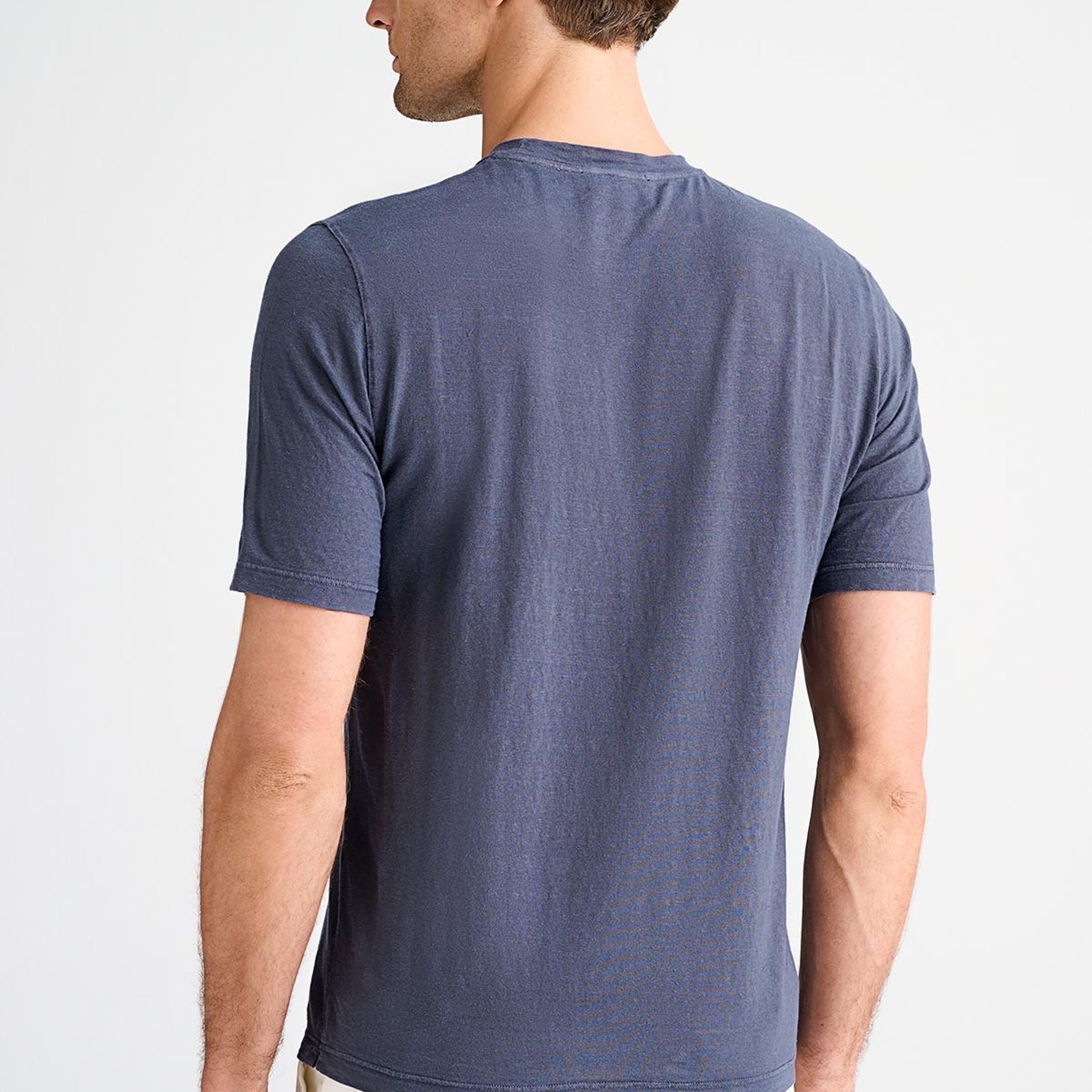 Erkek Mavi Bisiklet Yaka Keten T-Shirt