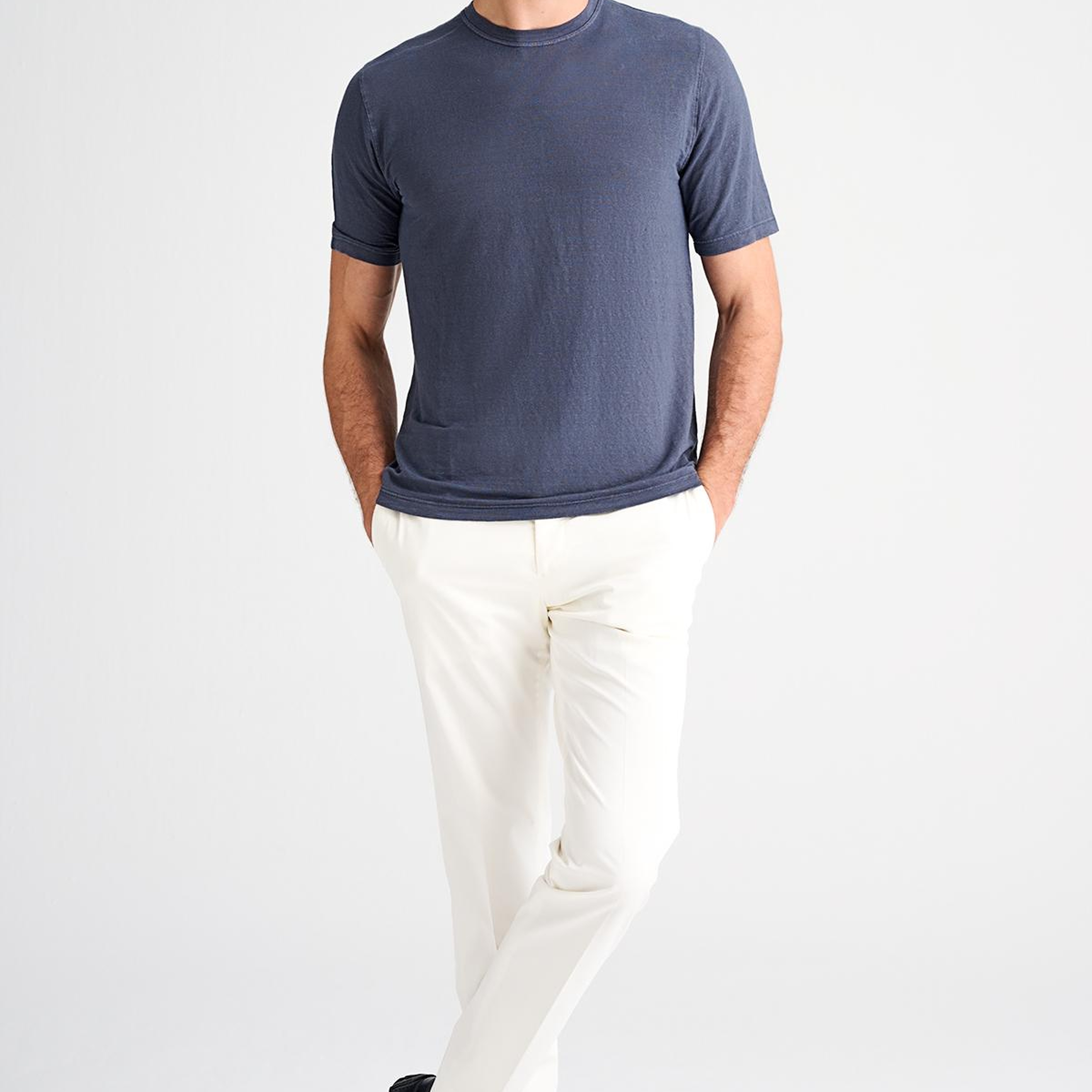 Erkek Mavi Bisiklet Yaka Keten T-Shirt