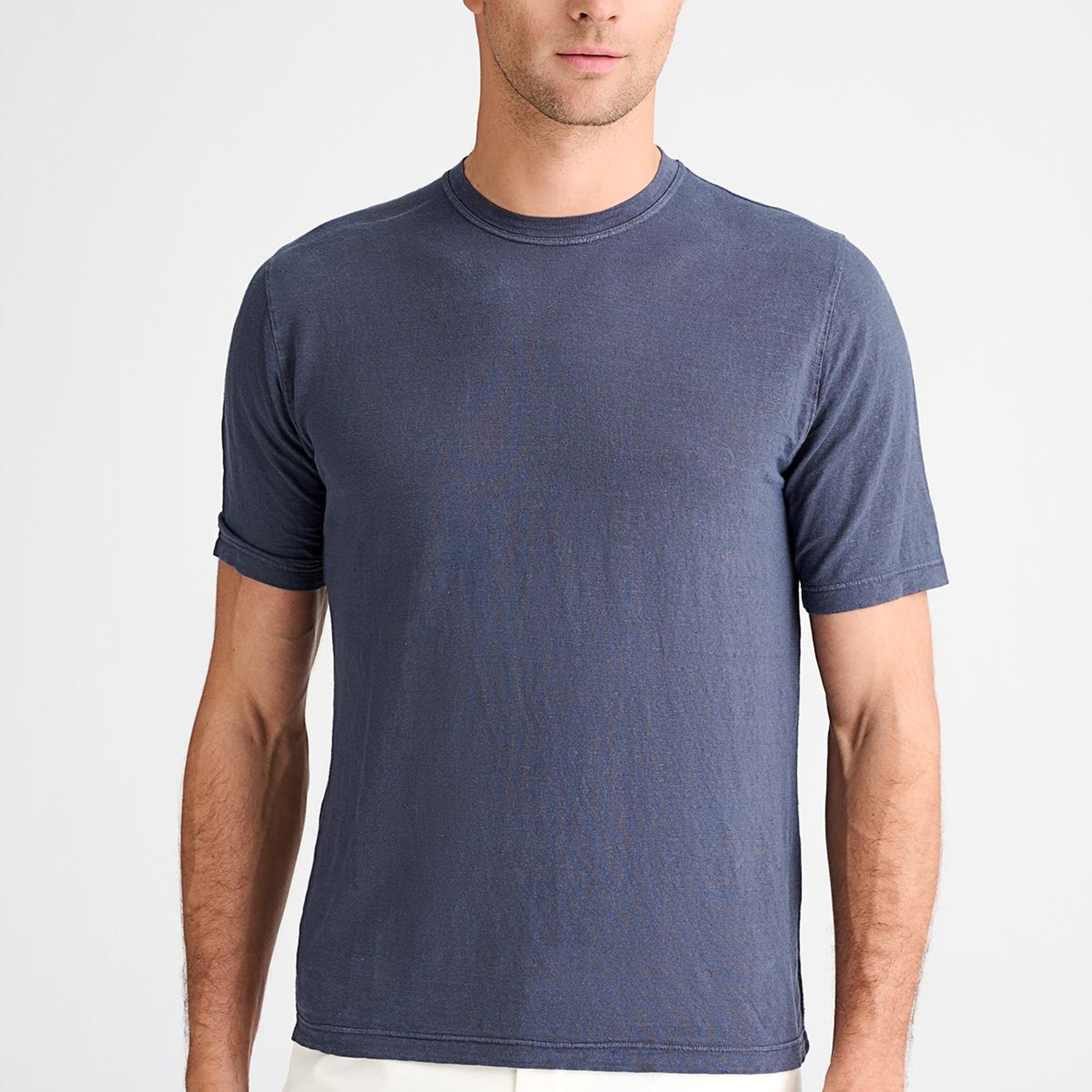 Erkek Mavi Bisiklet Yaka Keten T-Shirt