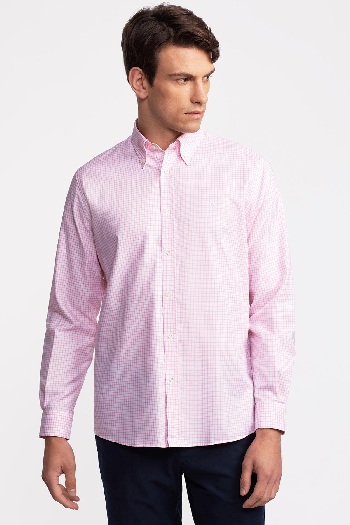 Erkek Pembe Cooper Fit Düğmeli Yaka Pötikareli Spor Gömlek