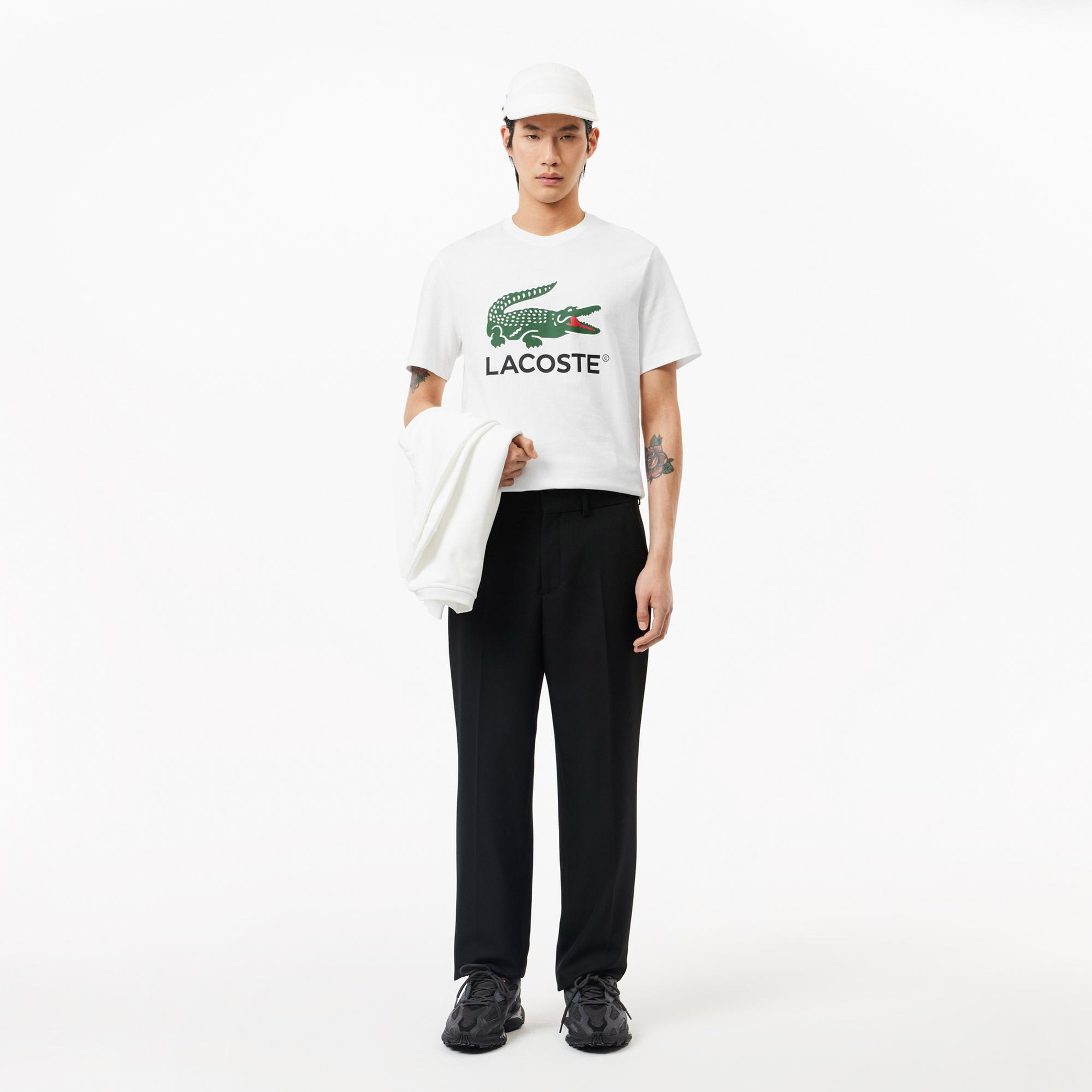 Lacoste Erkek Regular Fit Bisiklet Yaka Baskılı Beyaz T-Shirt
