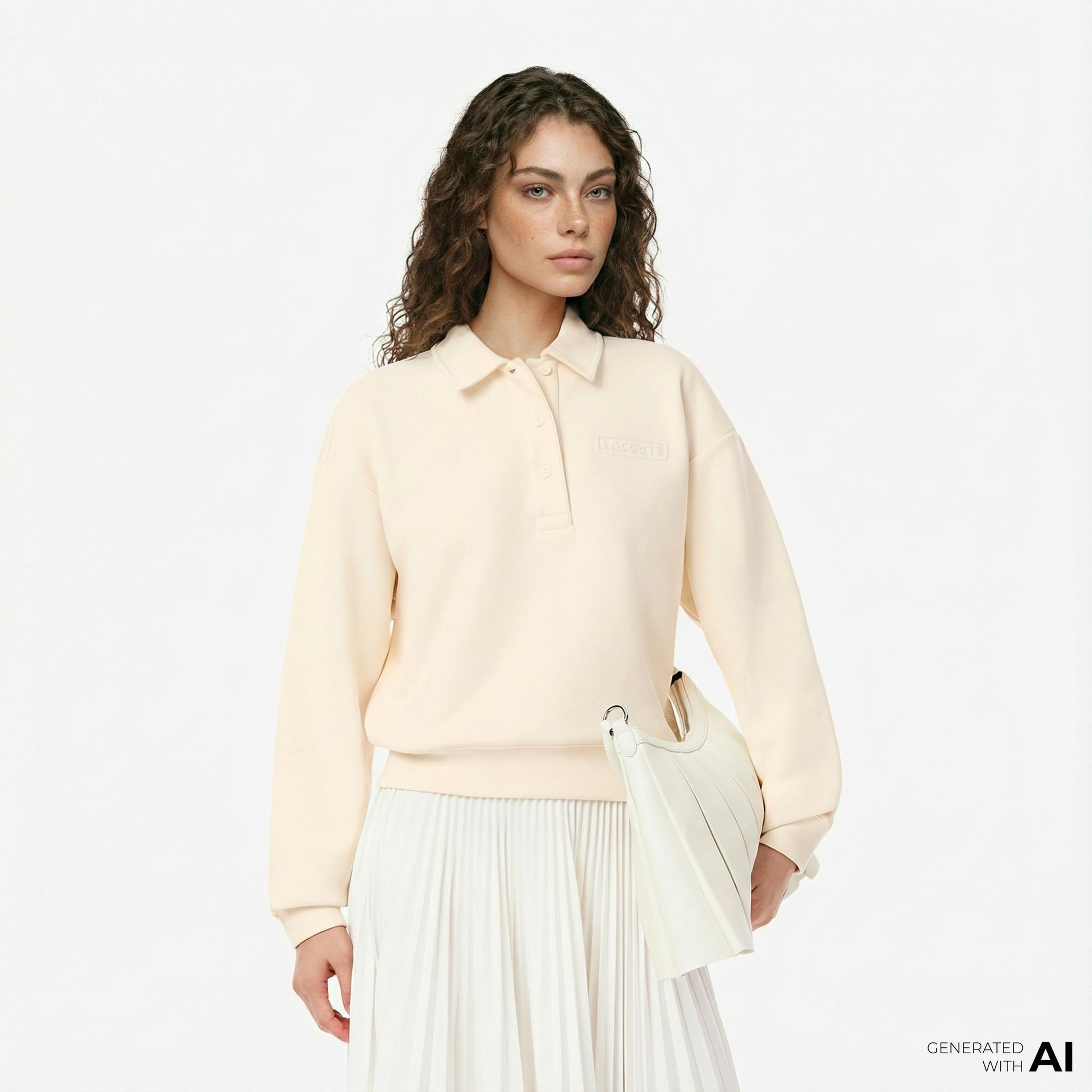 Lacoste Kadın Relaxed Fit Polo Yaka Krem Sweatshirt