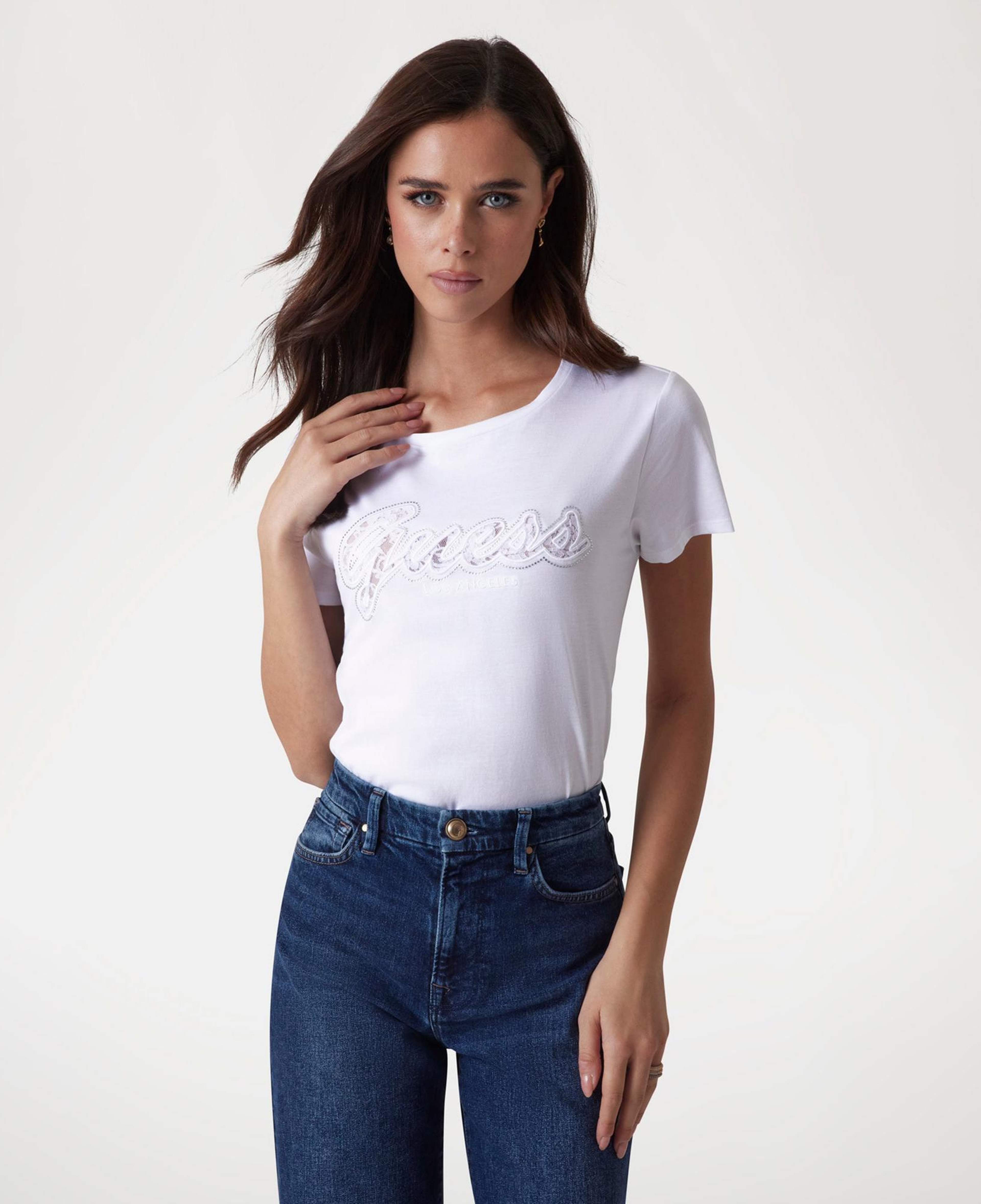 Guess Script Lace Logo Kadın Beyaz T-Shirt
