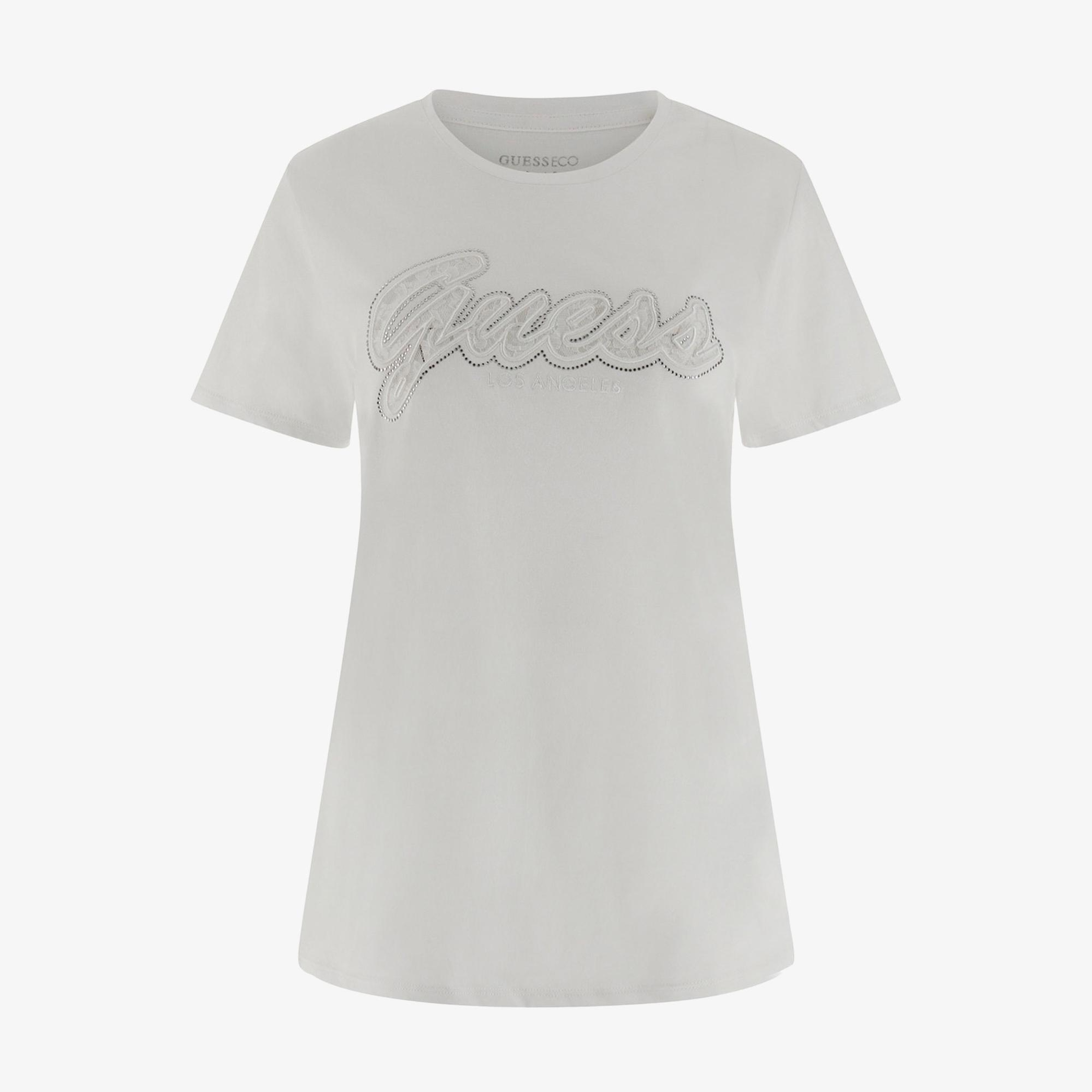 Guess Script Lace Logo Kadın Beyaz T-Shirt