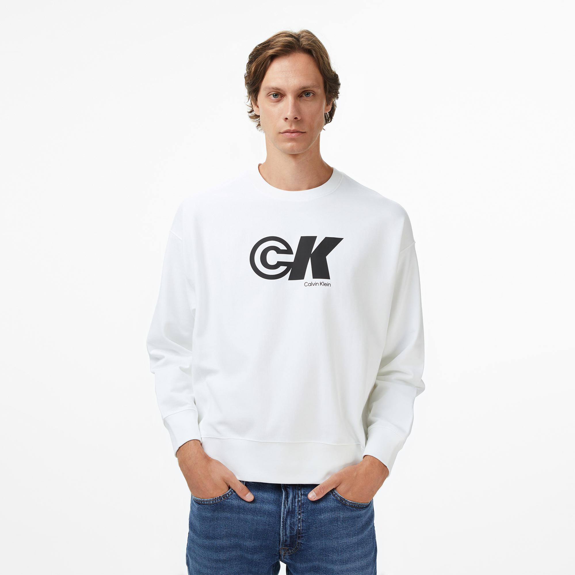 Calvin Klein Premium Terry Sport Graphic Erkek Beyaz Sweatshirt
