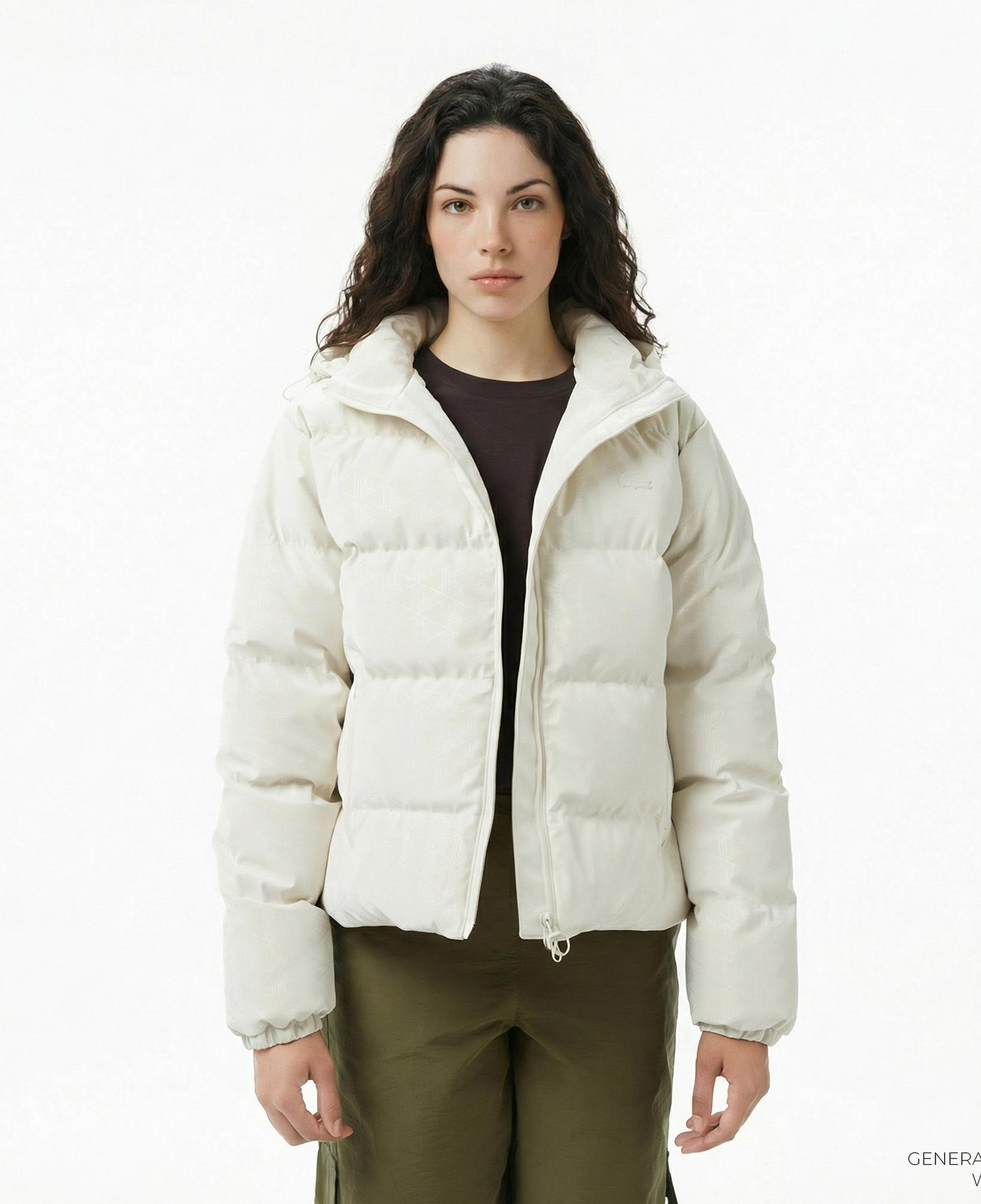 Lacoste Kadın Kapüşonlu Monogram Beyaz Mont