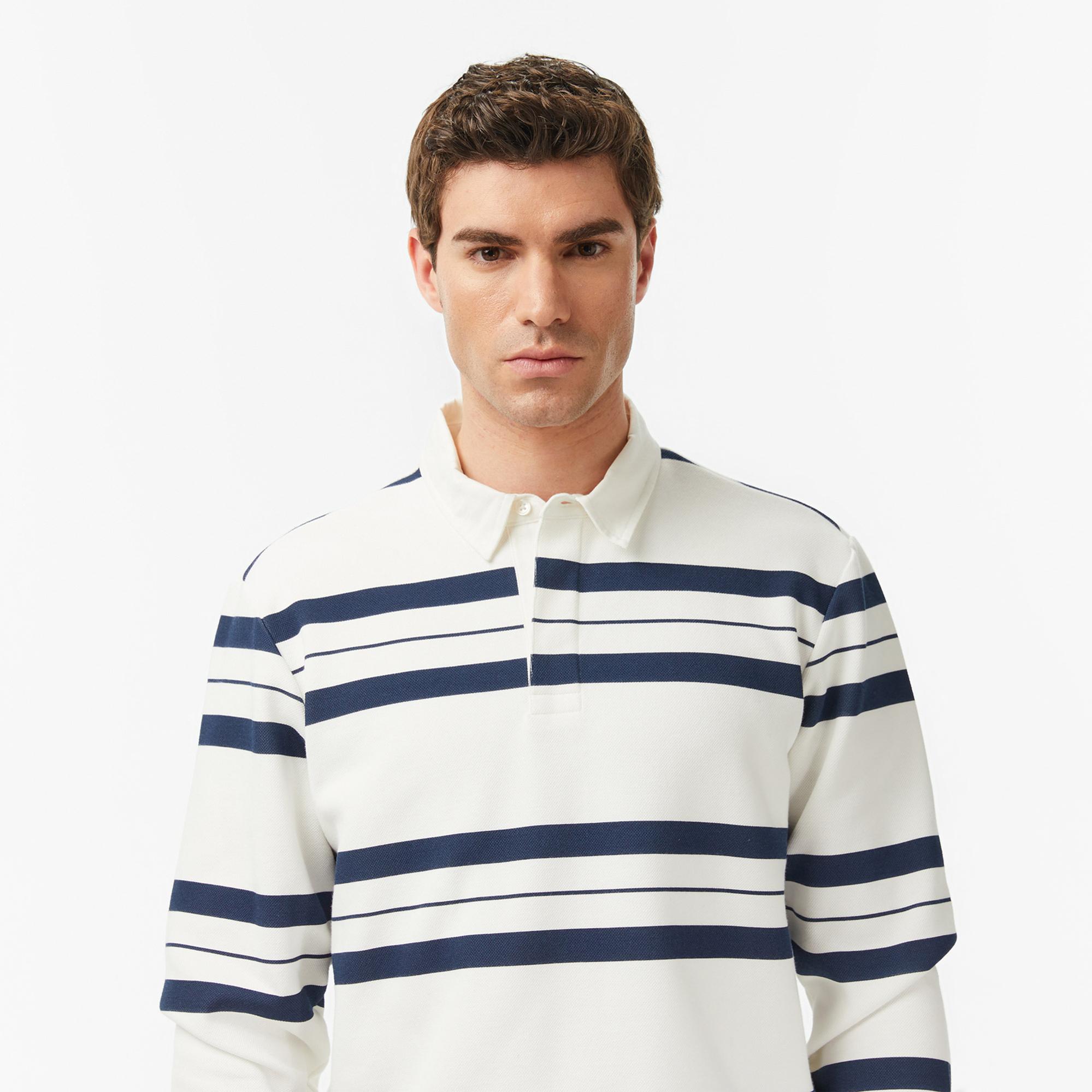 Nautica Erkek Krem Regular Fit Uzun Kollu Çizgili Polo Yaka T-Shirt