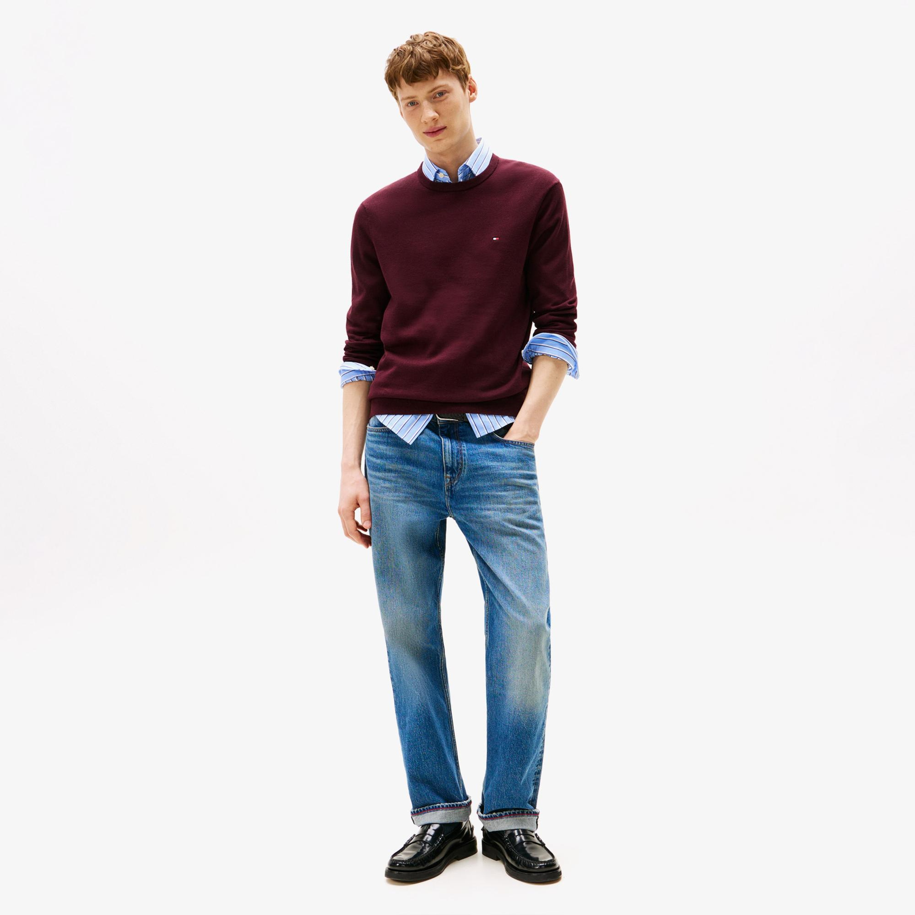 Tommy Hilfiger Essential Cotton Yuvarlak Yaka Erkek Bordo Kazak