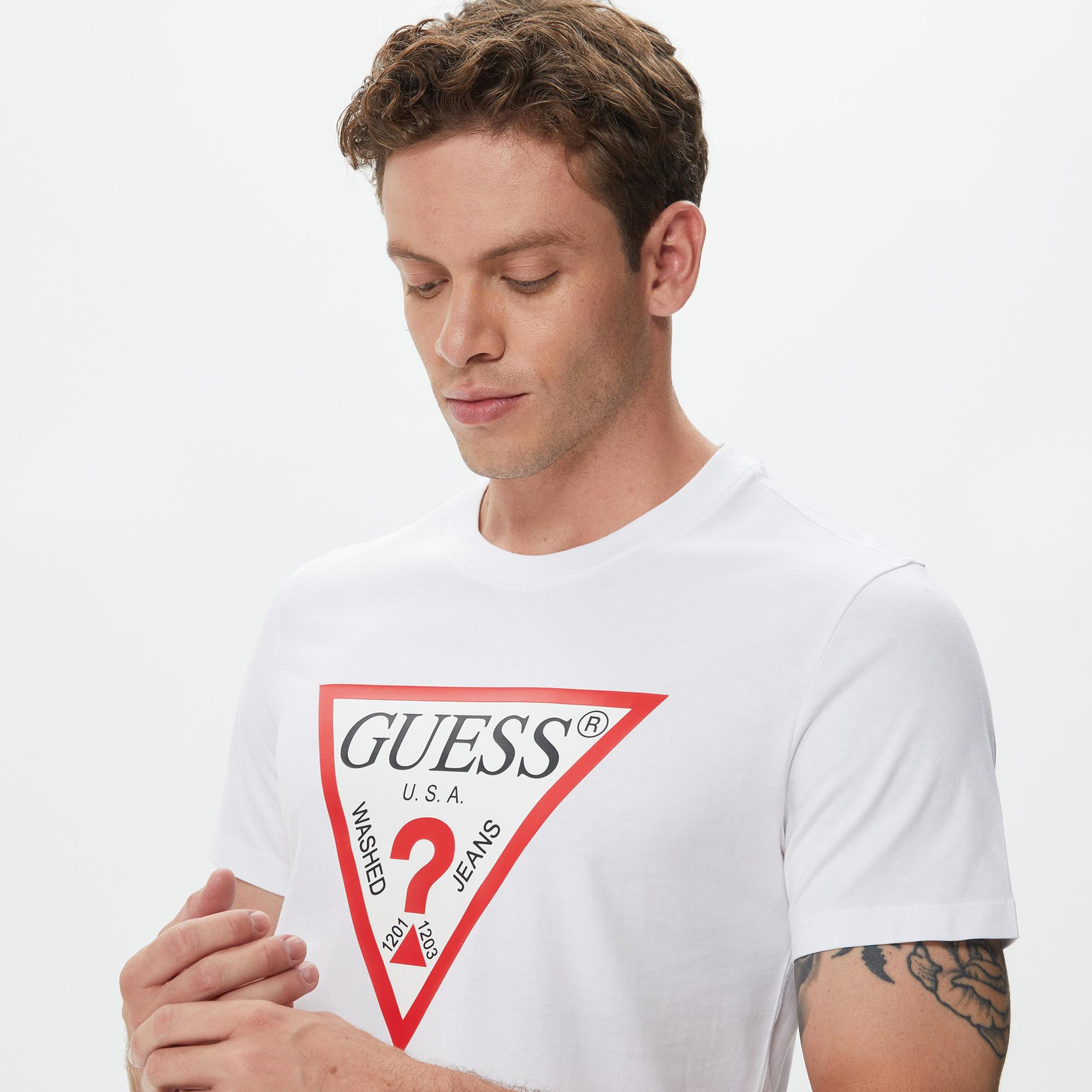 Guess Original Logo Mid Organic Stream Jersey Erkek Beyaz T-Shirt