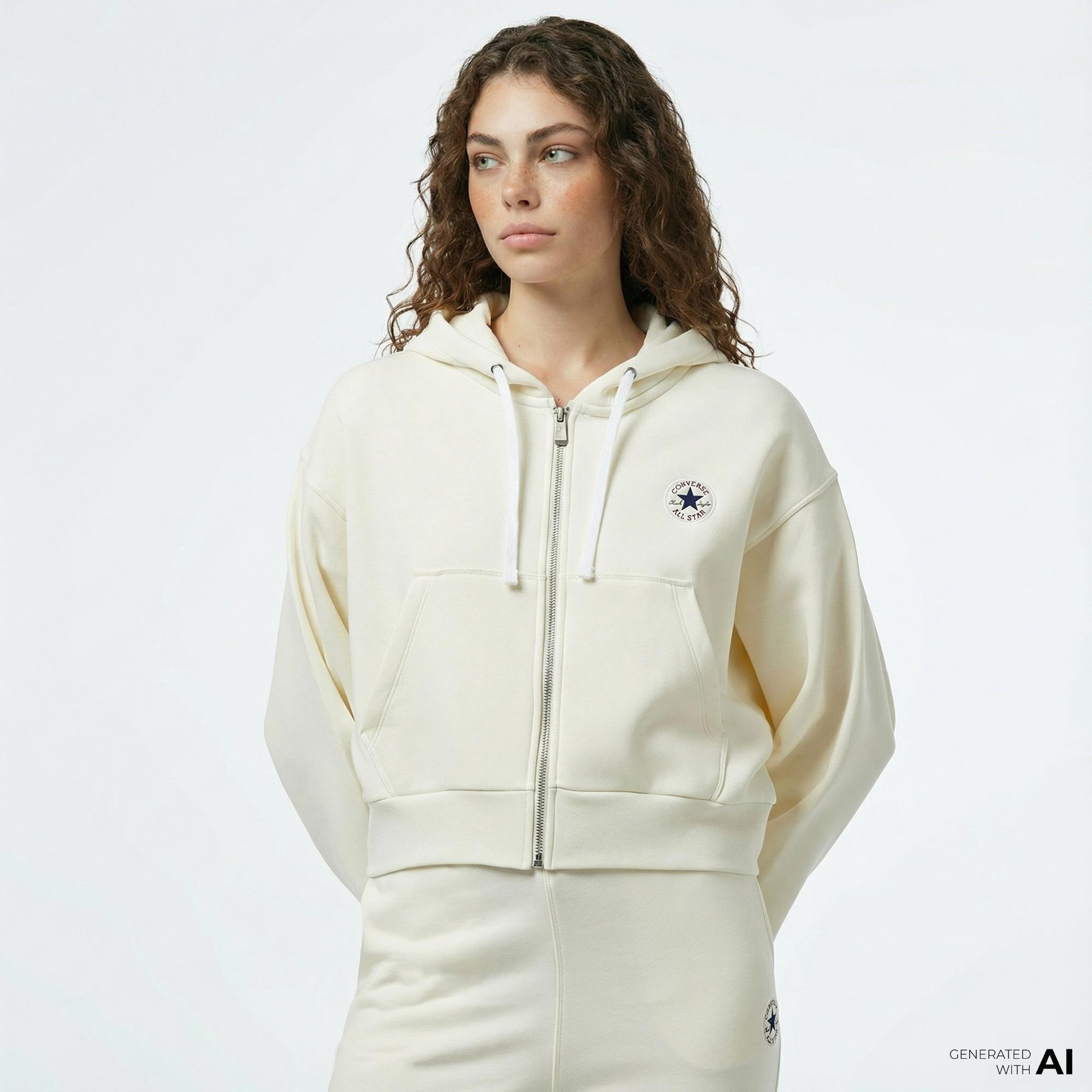 Converse Kadın Baskılı Krem Fermuarlı Hoodie