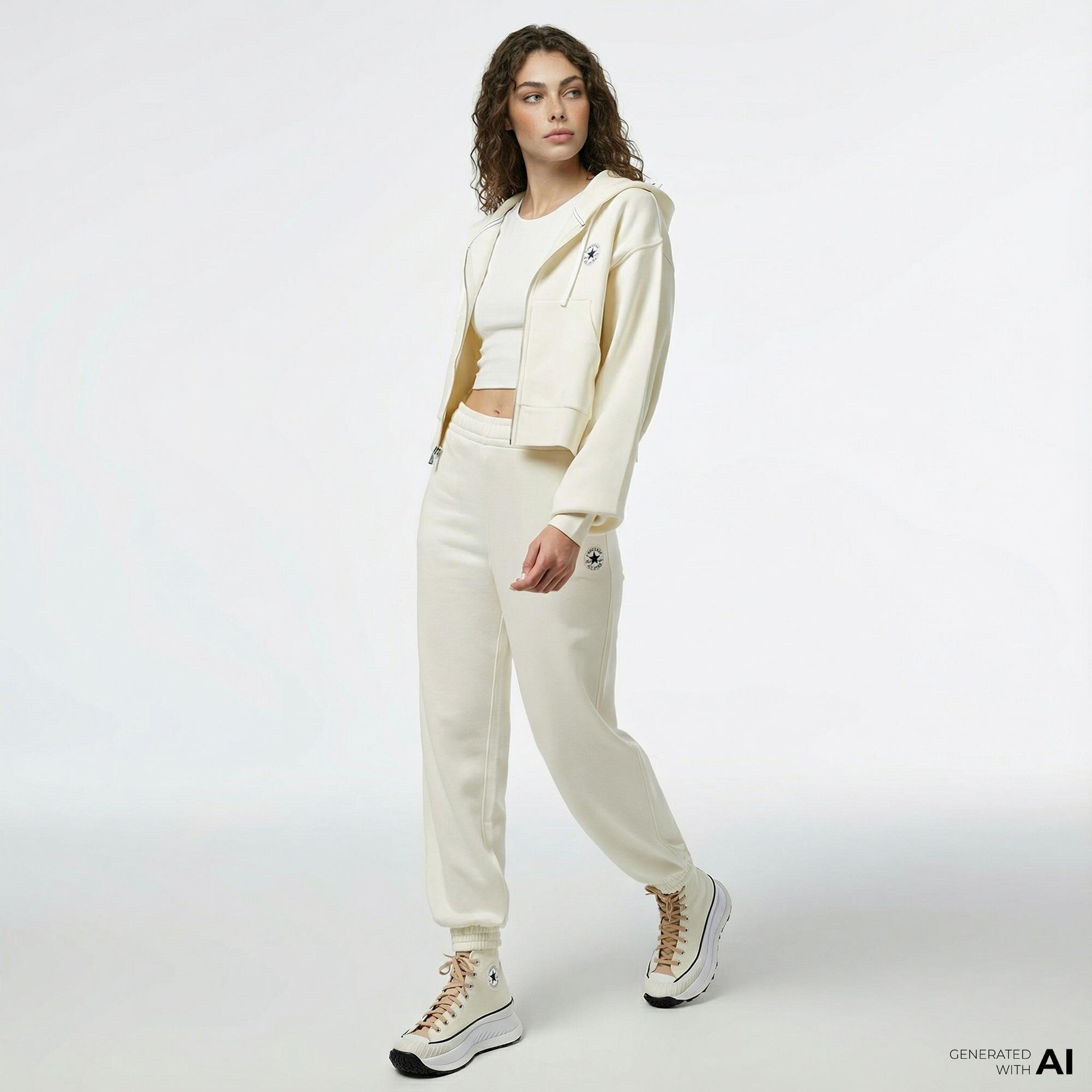 Converse Kadın Baskılı Krem Fermuarlı Hoodie