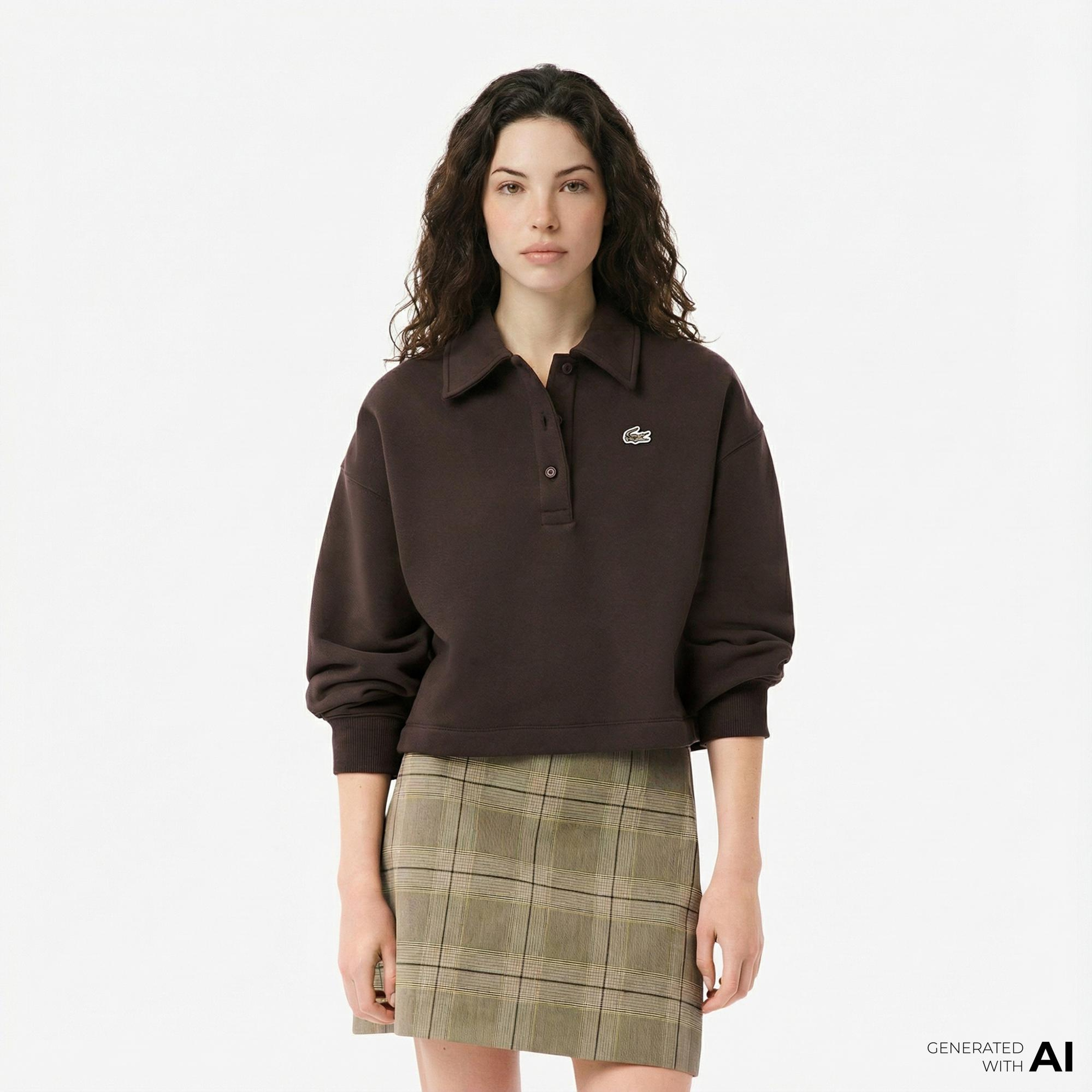 Kadın Oversize Fit Polo Yaka Kahverengi Sweatshirt
