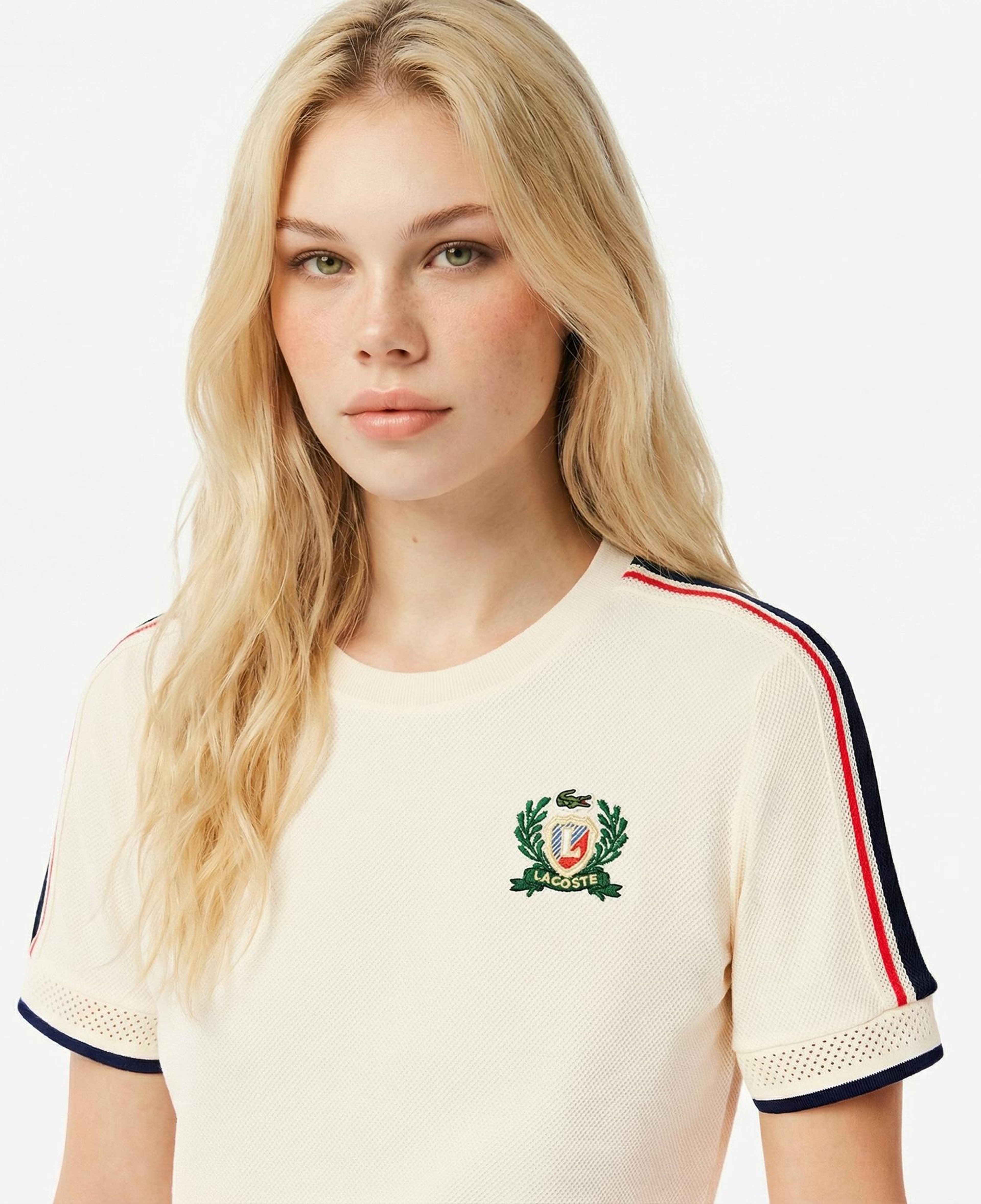 Lacoste Kadın Slim Fit Bisiklet Yaka Renk Bloklu Krem T-Shirt