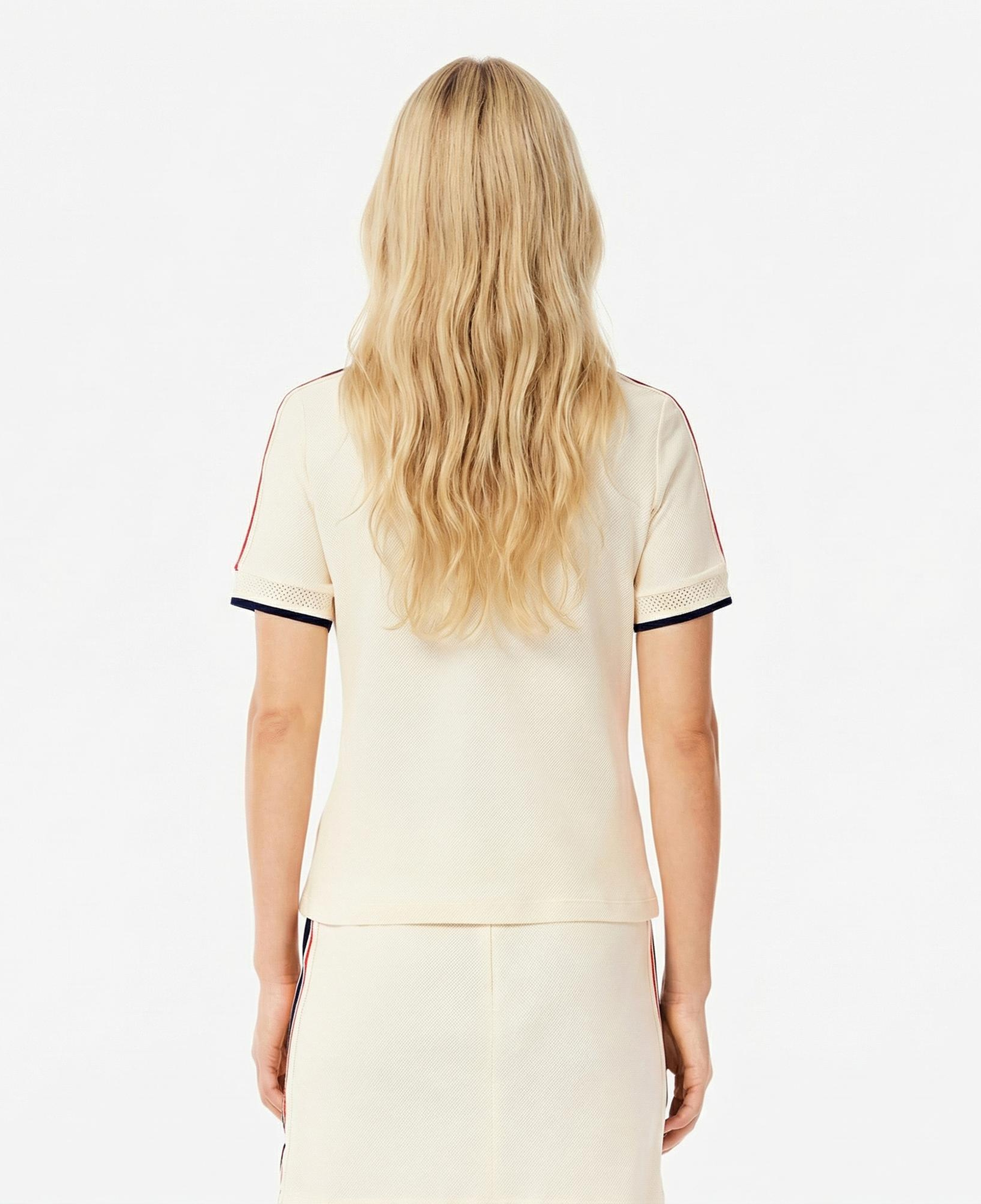 Lacoste Kadın Slim Fit Bisiklet Yaka Renk Bloklu Krem T-Shirt