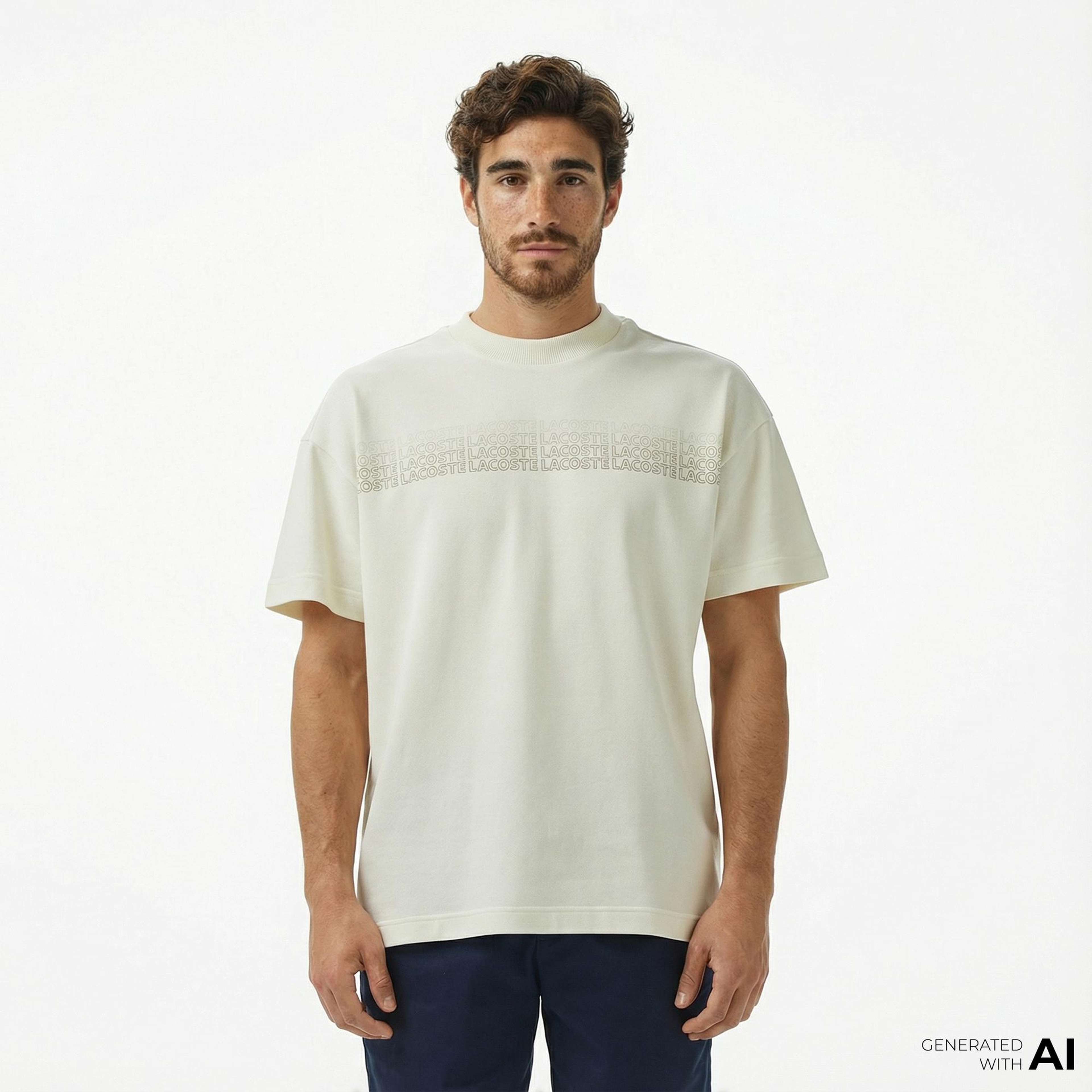 Lacoste Erkek Oversize Fit Bisiklet Yaka Baskılı Beyaz T-Shirt