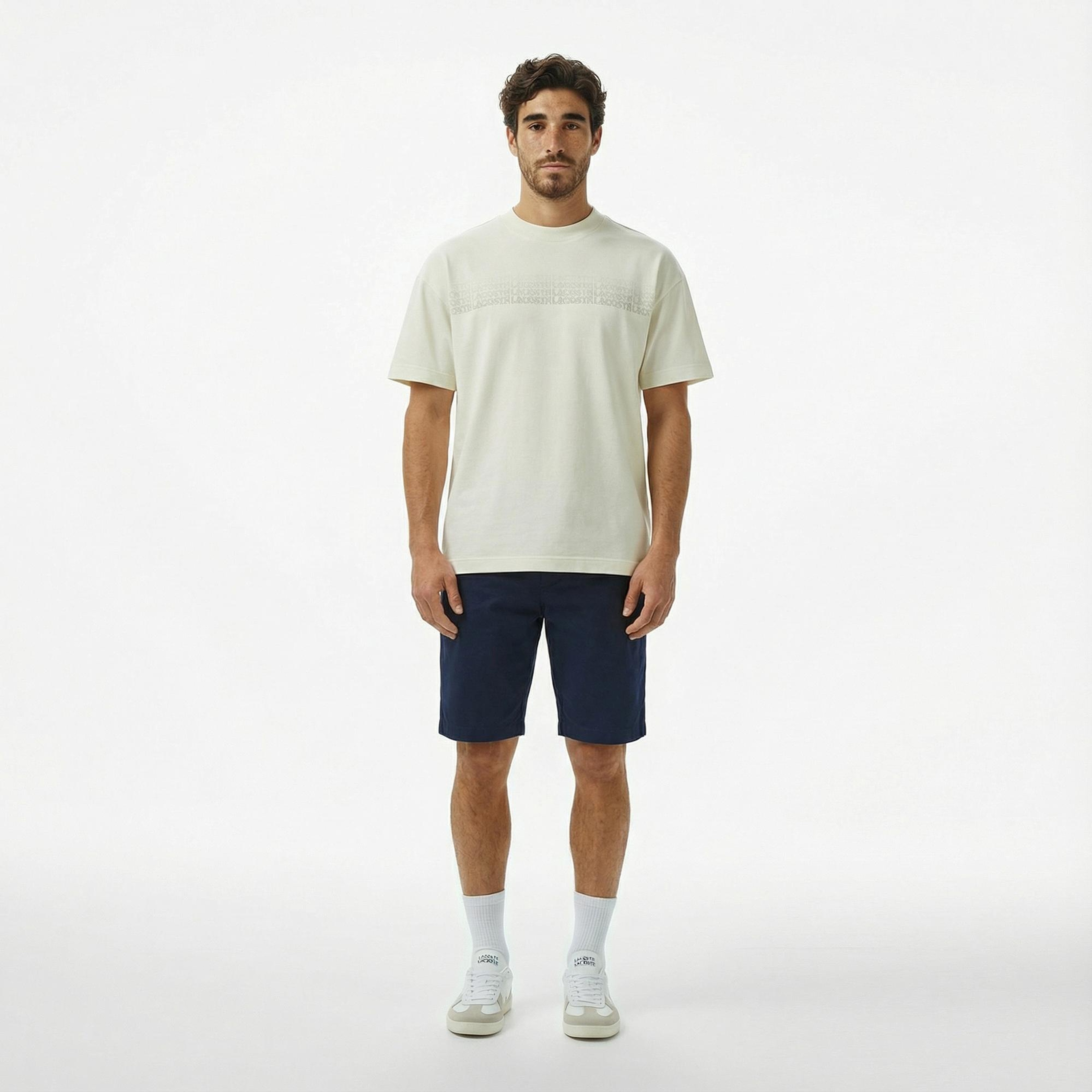 Lacoste Erkek Oversize Fit Bisiklet Yaka Baskılı Beyaz T-Shirt
