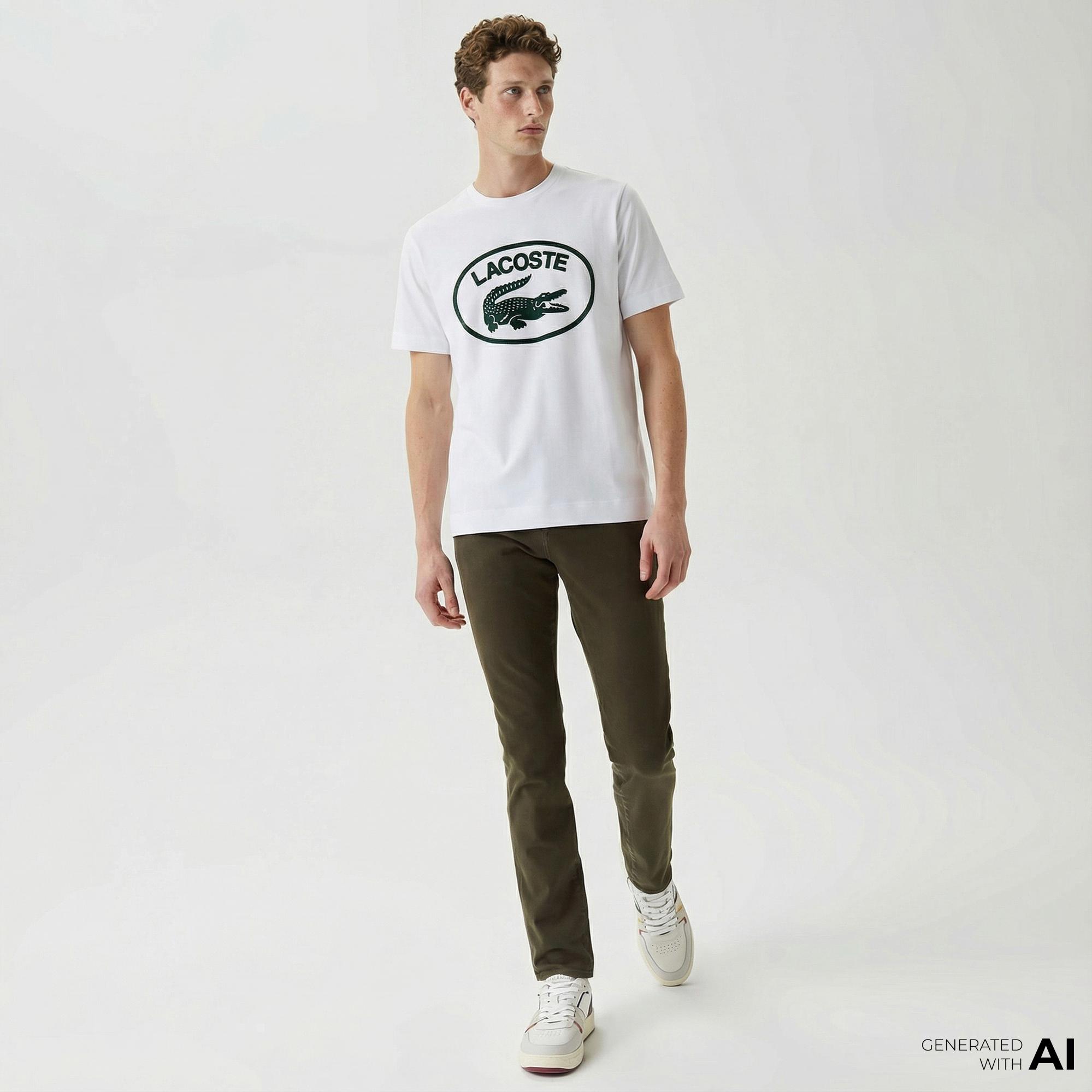 Lacoste Erkek Relaxed Fit Bisiklet Yaka Baskılı Beyaz T-Shirt