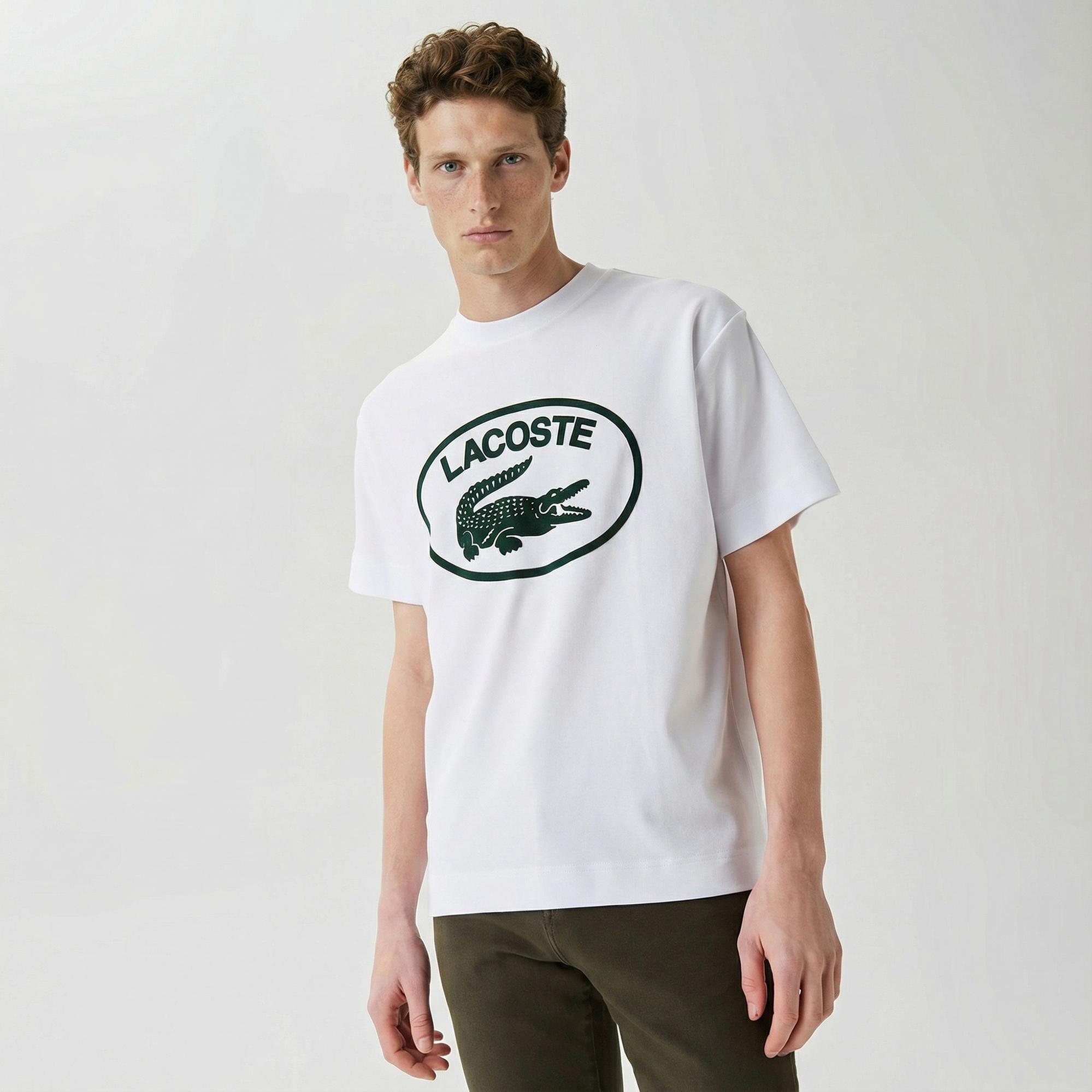 Lacoste Erkek Relaxed Fit Bisiklet Yaka Baskılı Beyaz T-Shirt