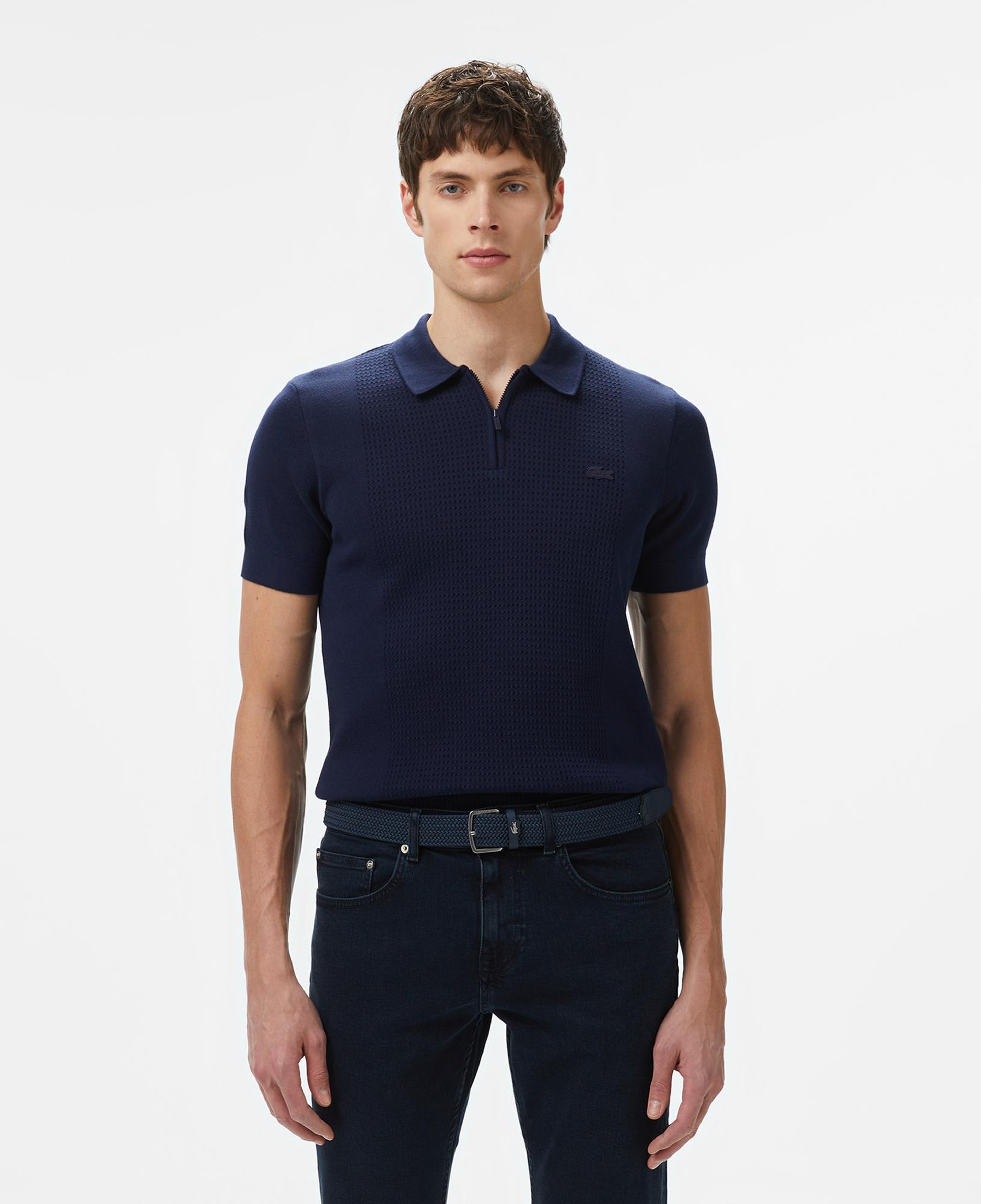 Lacoste Erkek Kısa Kollu Yarım Fermuarlı Lacivert Triko