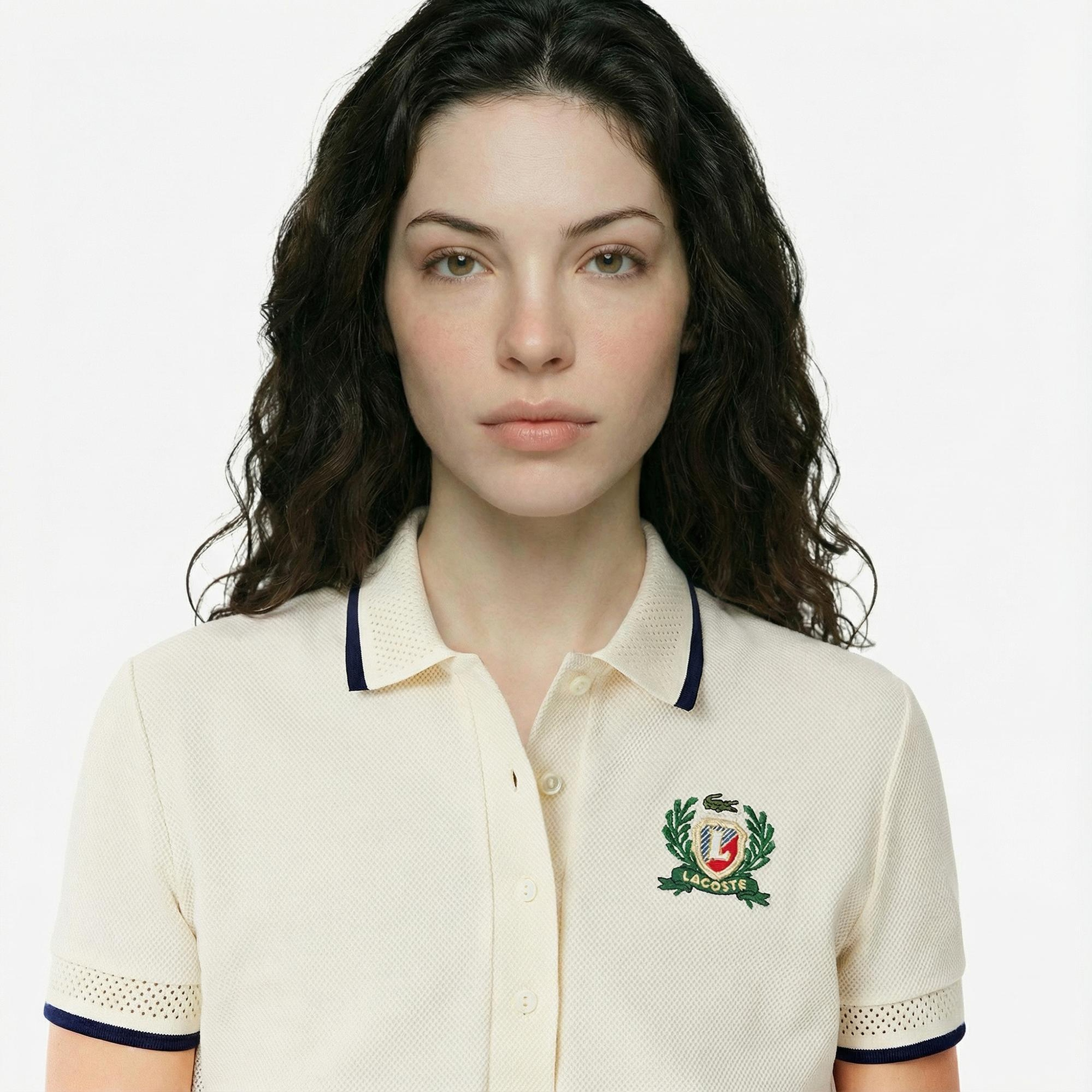 Lacoste Kadın Slim Fit Renk Bloklu Bej Polo