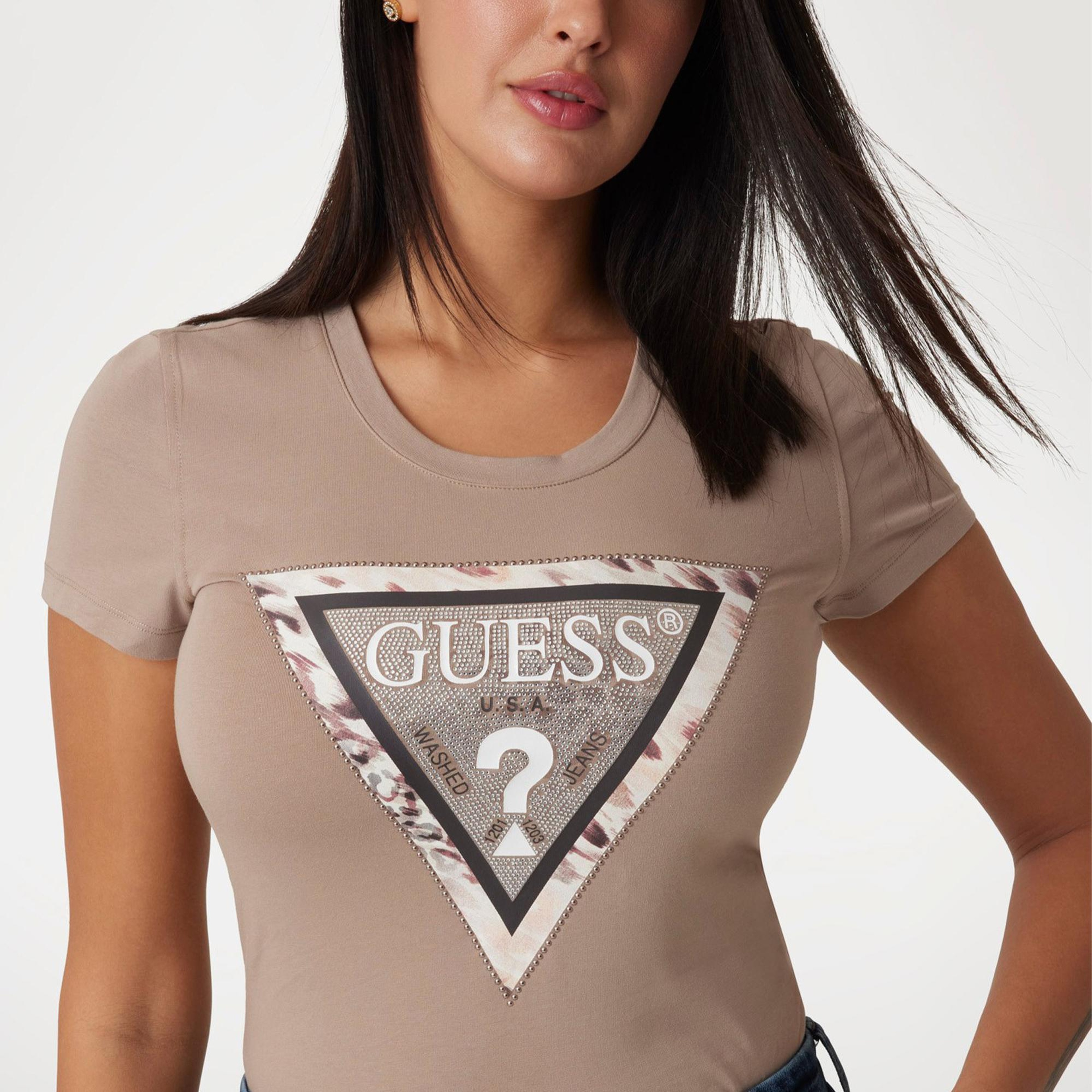 Guess Cheeta Logo Mid Organic Kadın Bej T-Shirt