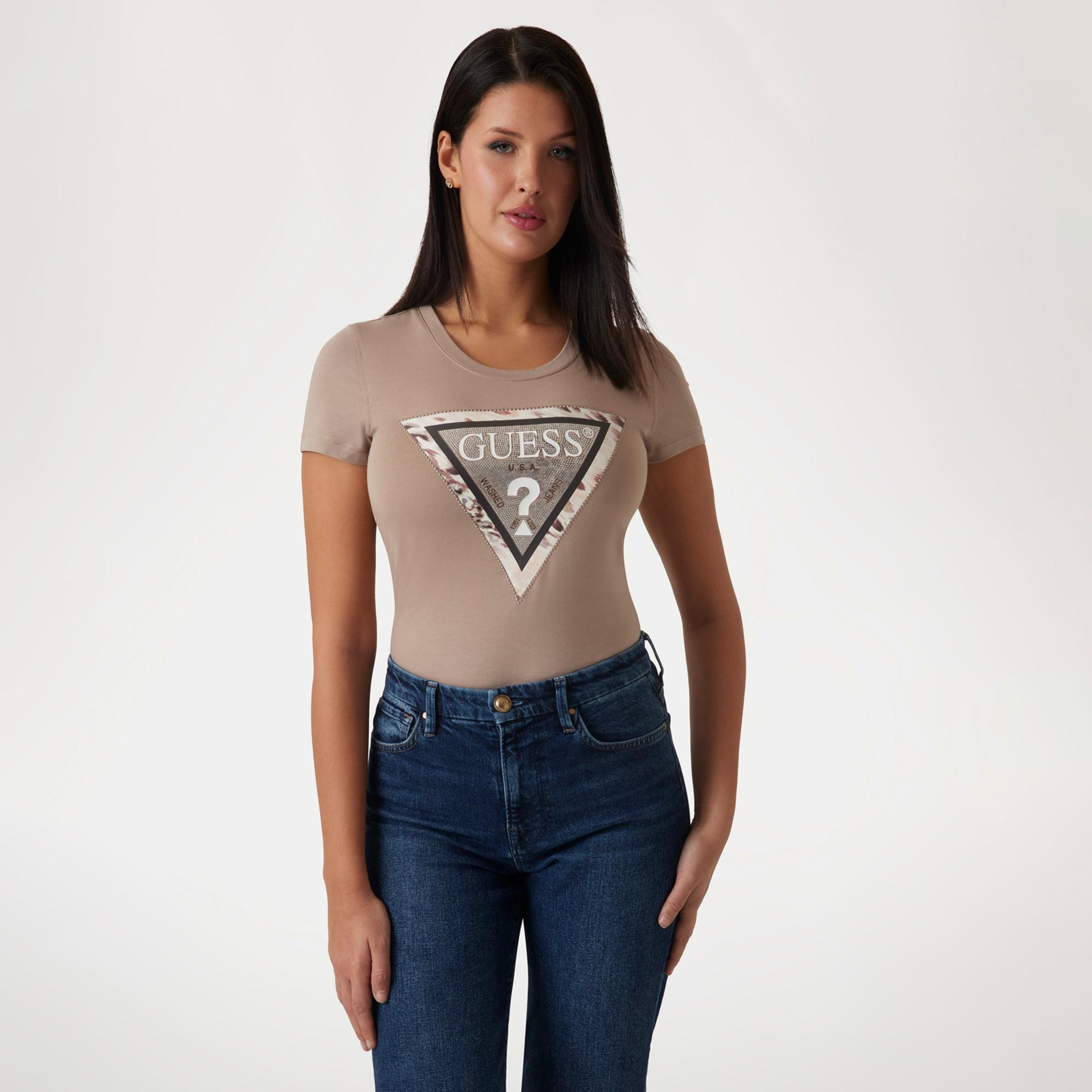 Guess Cheeta Logo Mid Organic Kadın Bej T-Shirt