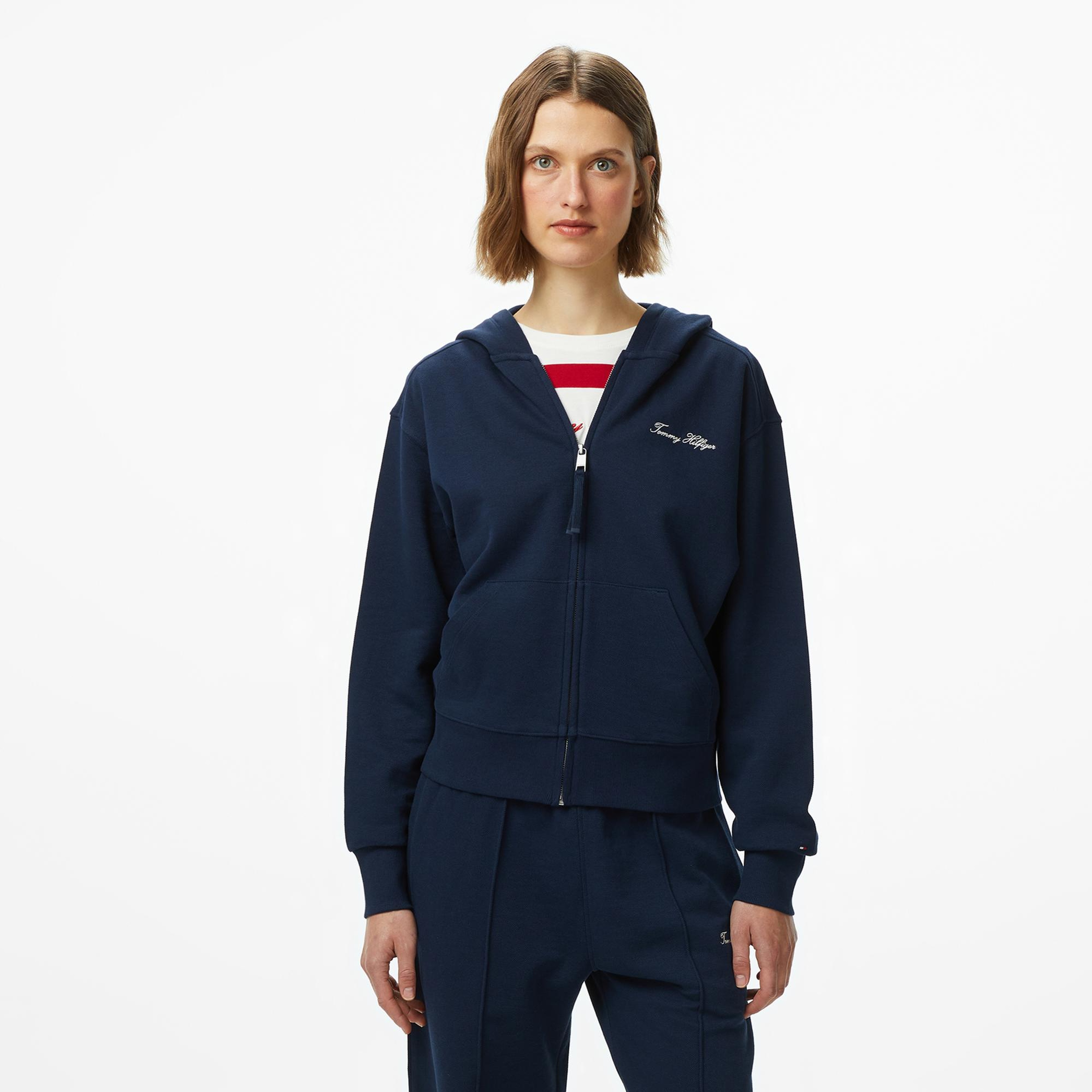 Tommy Hilfiger Script Regular Pique Kadın Fermuarlı Lacivert Hoodie
