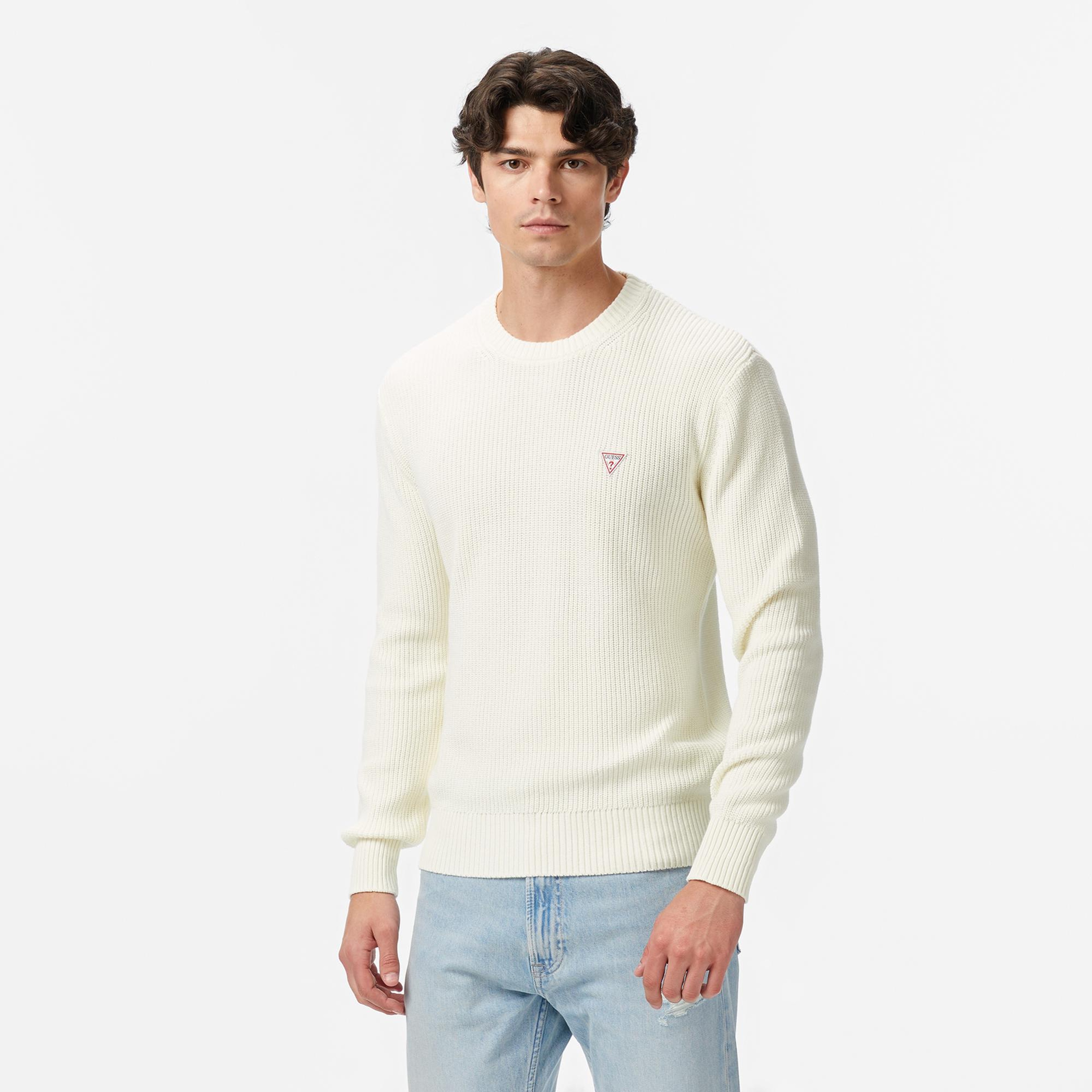 Guess Mini Üçgen Logolu Erkek Beyaz Kazak