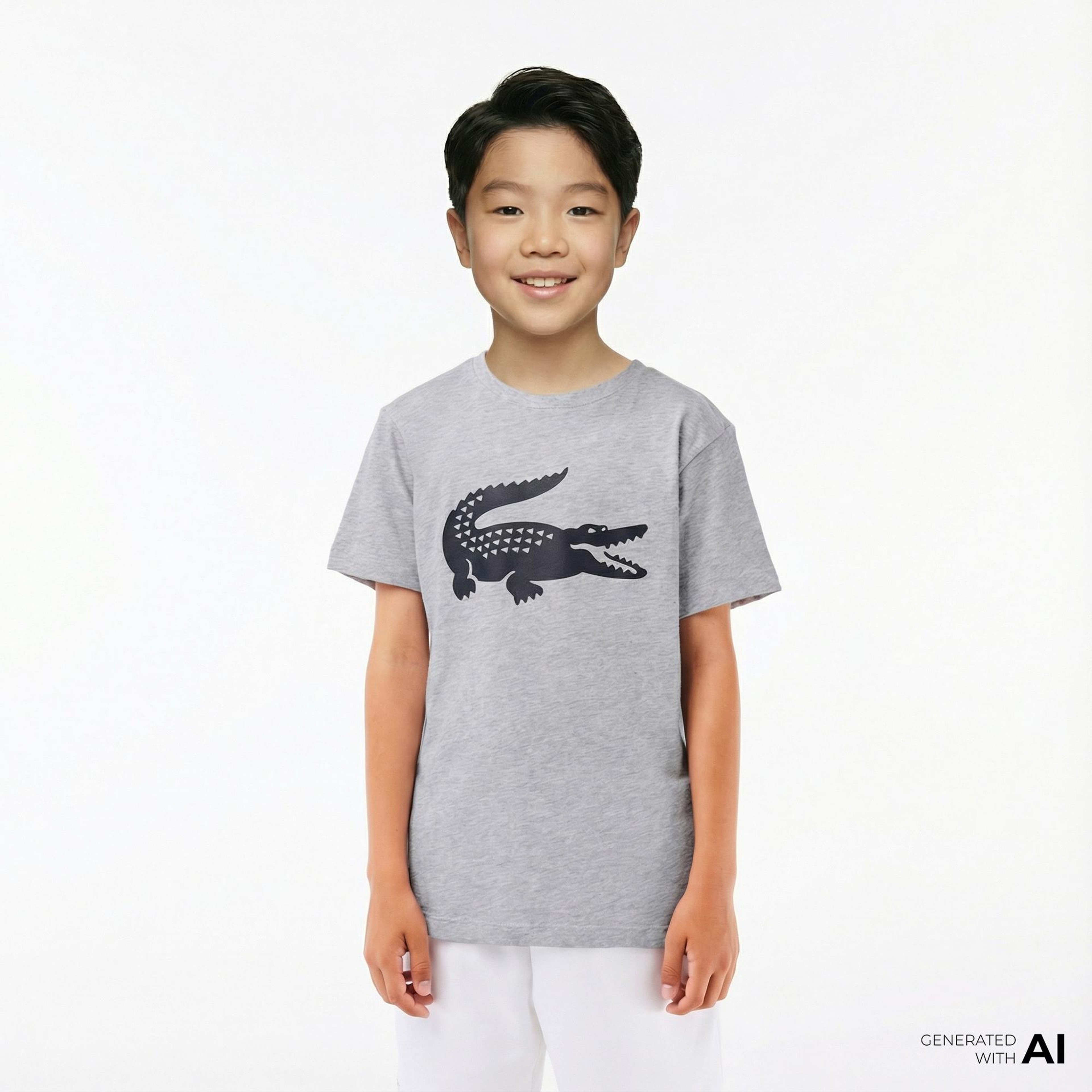 Lacoste Erkek Çocuk Bisiklet Yaka Baskılı Gri T-Shirt