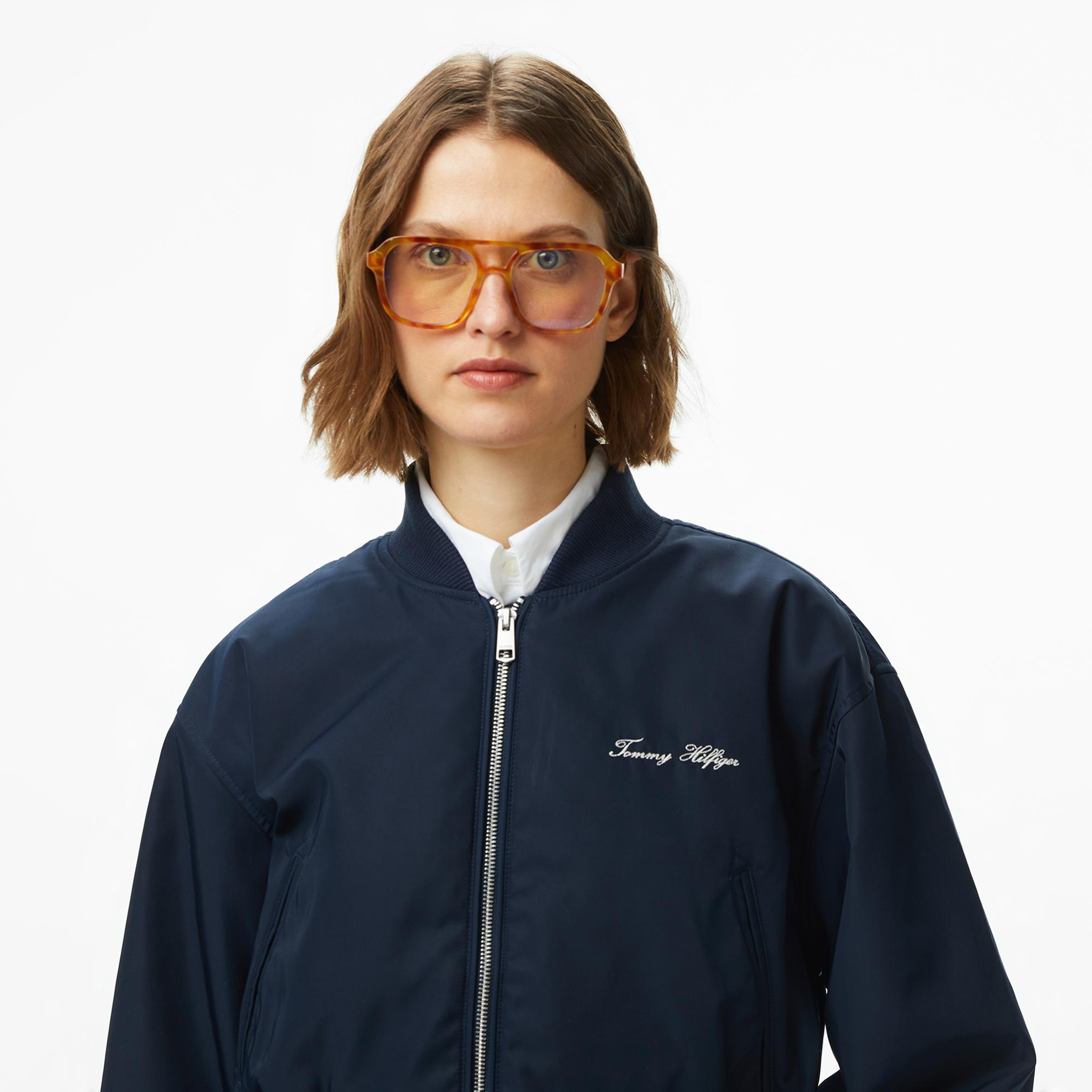 Tommy Hilfiger Nylon Regular Cropped Kadın Bomber Lacivert Ceket