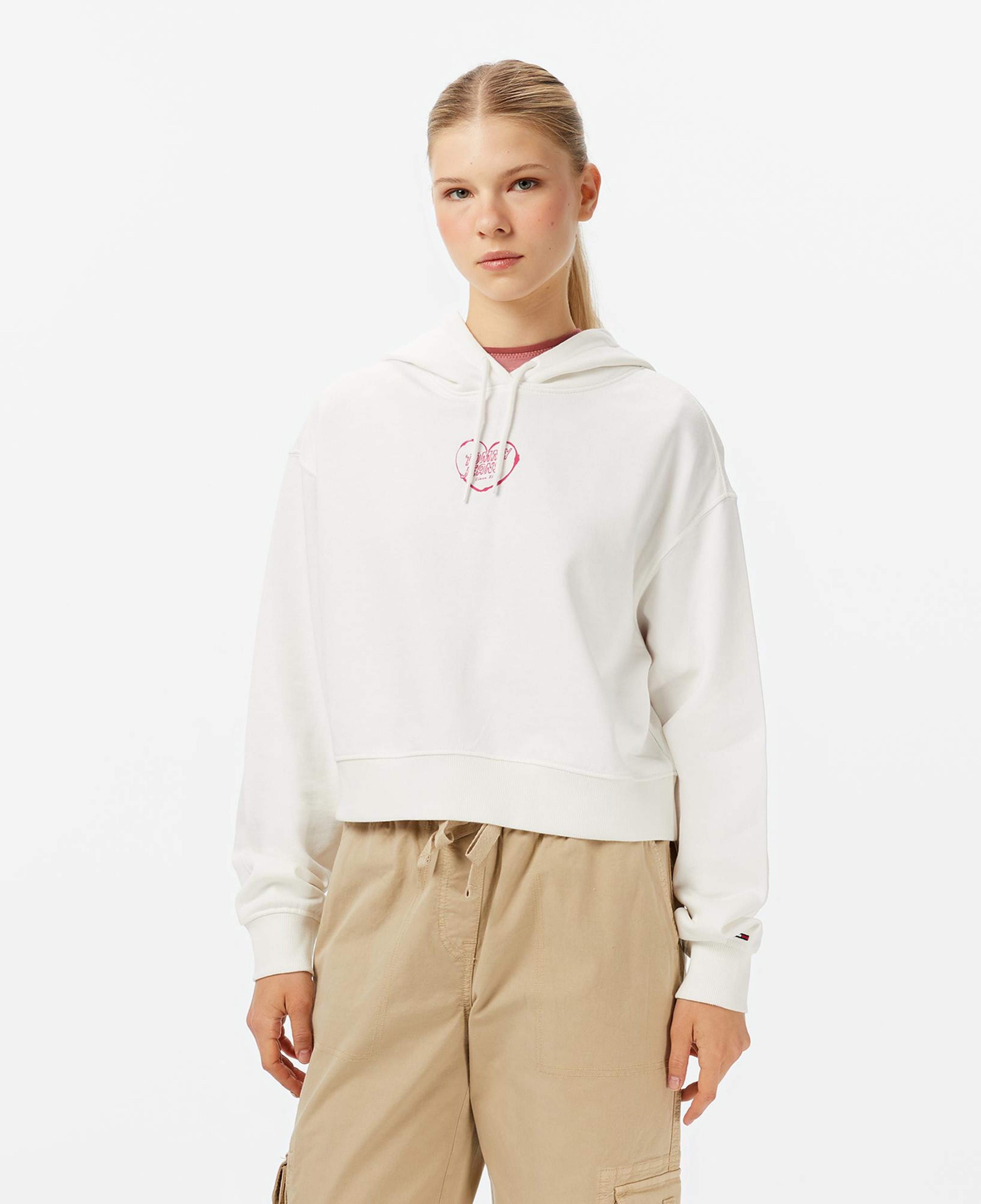 Tommy Jeans Relax Crop Heart Kadın Beyaz Hoodie